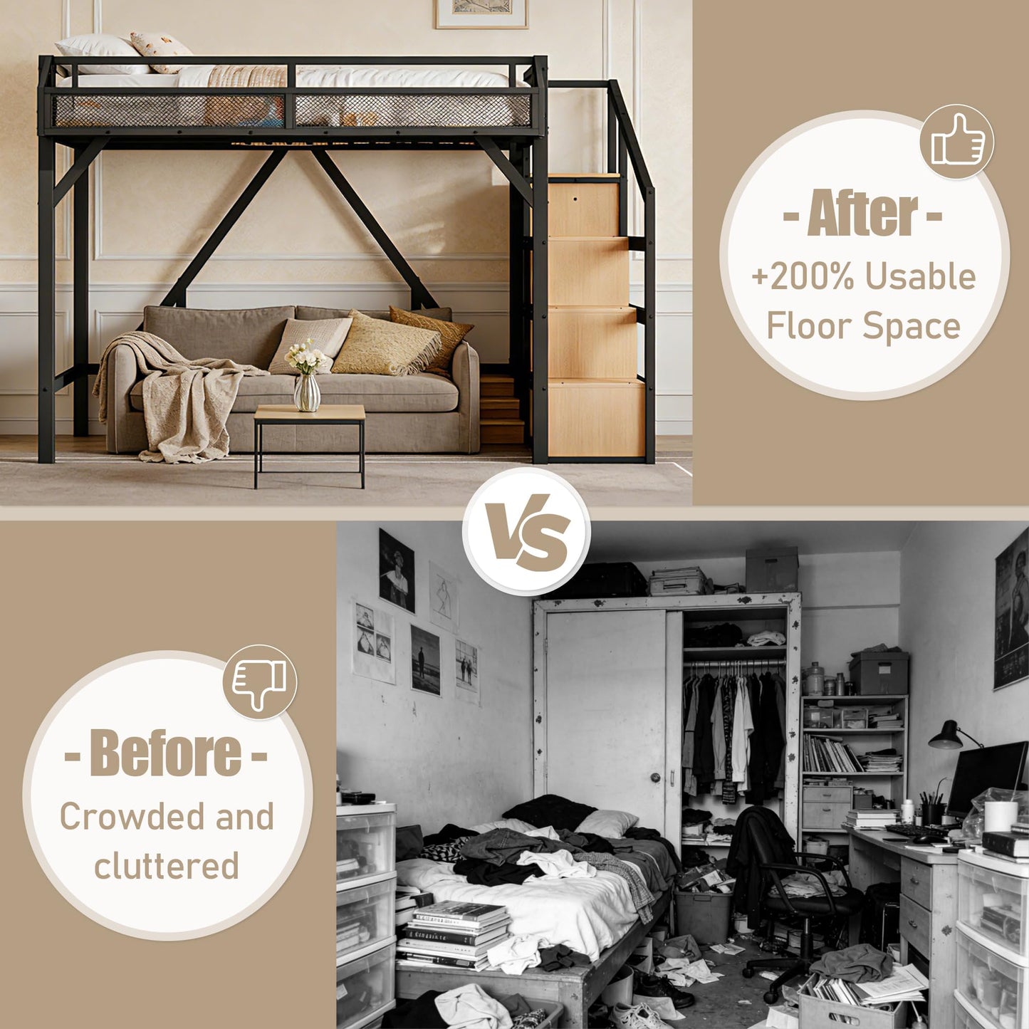 Bellemave Twin XL Loft Bed Frame with Storage Stairs, Beside Shelf & Wardrobe, Metal Loft Bed Twin XL with USB Ports & LED Light, Large Under-Bed Space Loft Beds for Adults, Teens, Kids, Black Natural