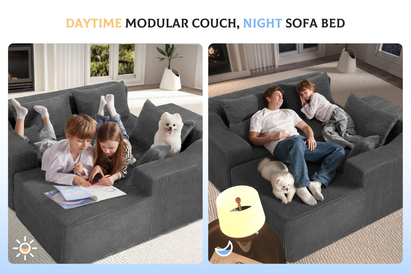 HABUTWAY 105" Modular Sectional Couches for Living Room, Boneless Couch with L-Shape Chaise,Comfy Sofa Living Room Sofas with Deep Seat,No Assembly, Corduroy Fabric(Grey,Right)