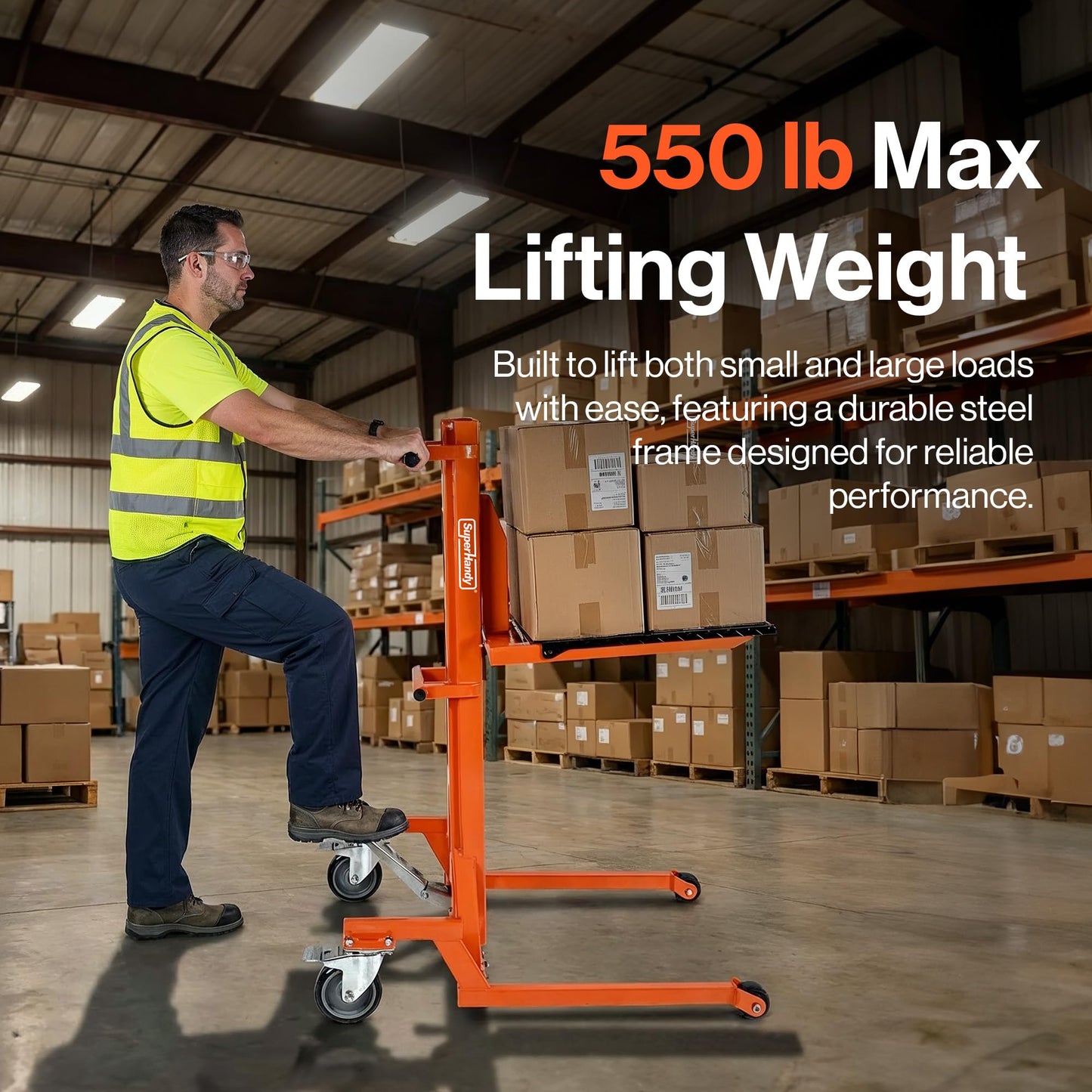 SuperHandy Hydraulic Material Lift Stacker, Portable Forklift – 550 lbs Capacity, 59" Max Lift Height, Disassembles for Transport, with 6" PU Wheels & Mechanical Brakes
