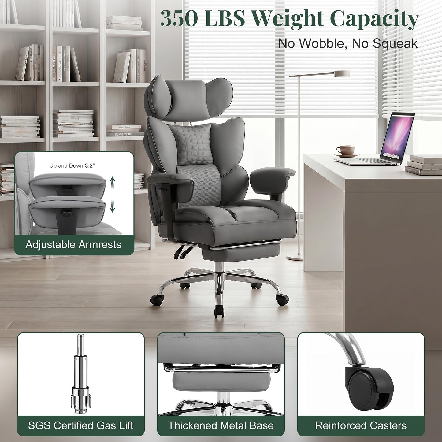 HAPPYMONT Big and Tall Ergonomic Office Chair,350 lbs,High Back Reclining PU Leather Gaming Chair with Footrest, Adjustable Armrests, Lumbar Support, Executive Desk Chair for Home Office, Grey