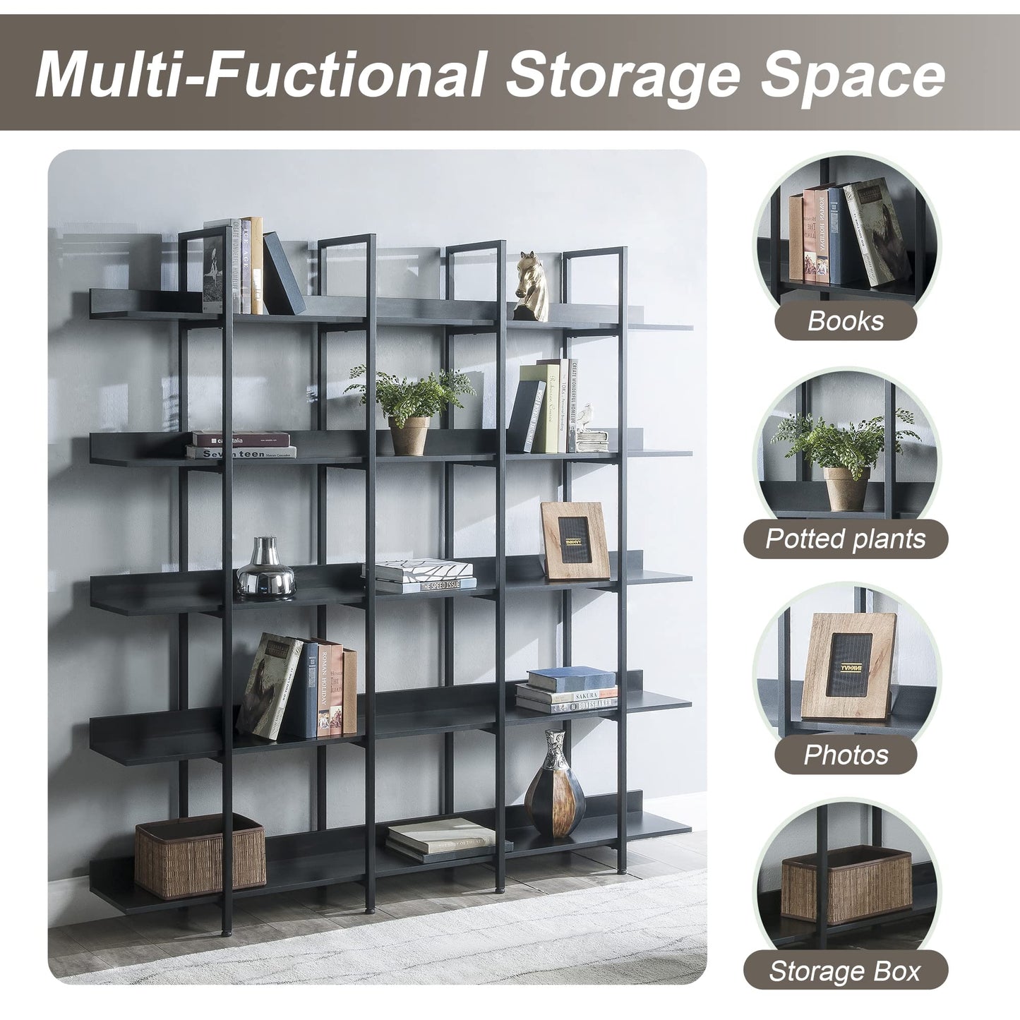 5-Shelf Bookcase, Large Open Bookshelf Modern Industrial Style, Open Display Shelves with Metal Frame for Living Room, Black