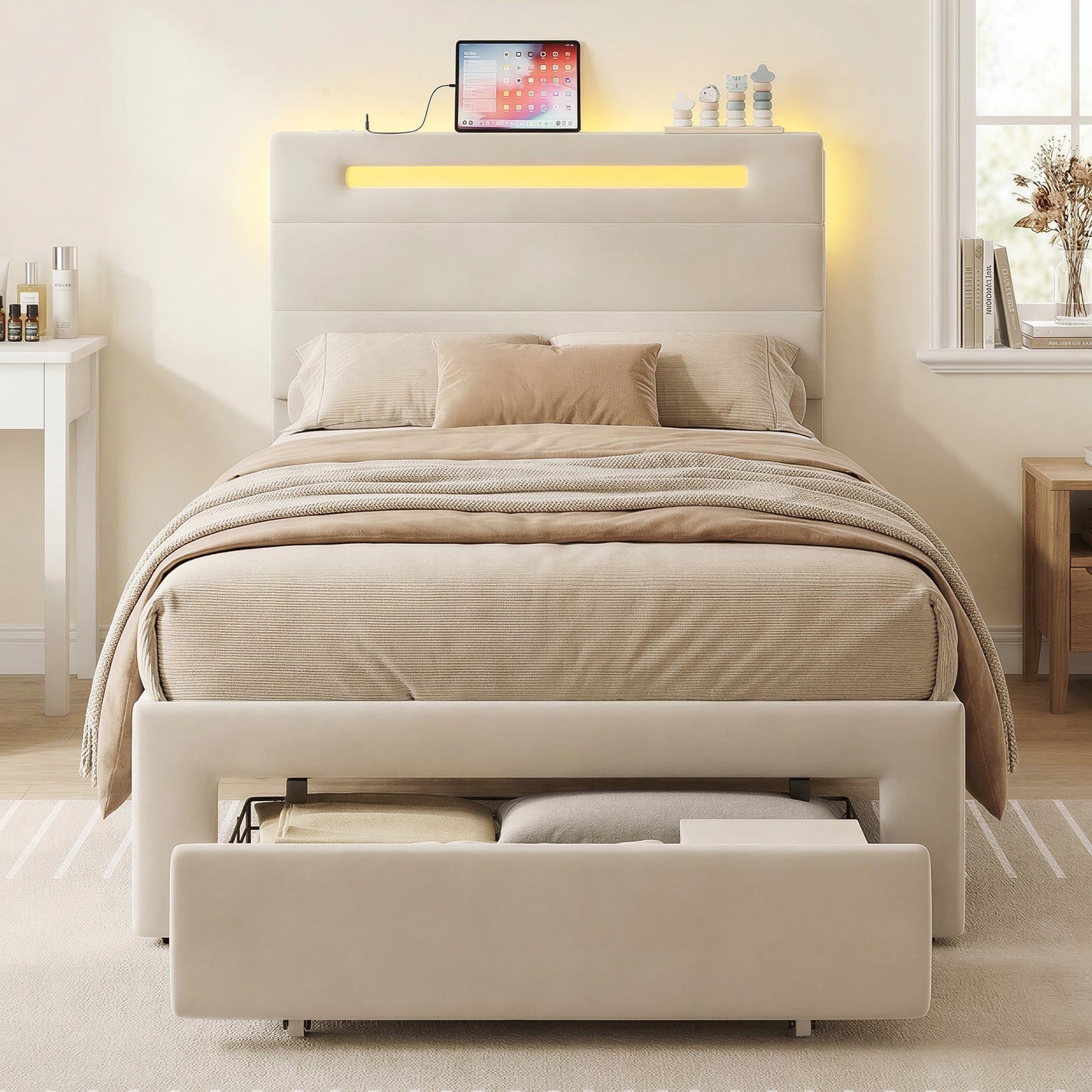 LIKIMIO Twin XL Bed Frames with Storage Drawer, LED Lights & Charging Station, Upholstered Modern Platform XL Twin Bed Frame with Headboard, No Box Spring Needed, Easy Assembly, Noise-Free, White