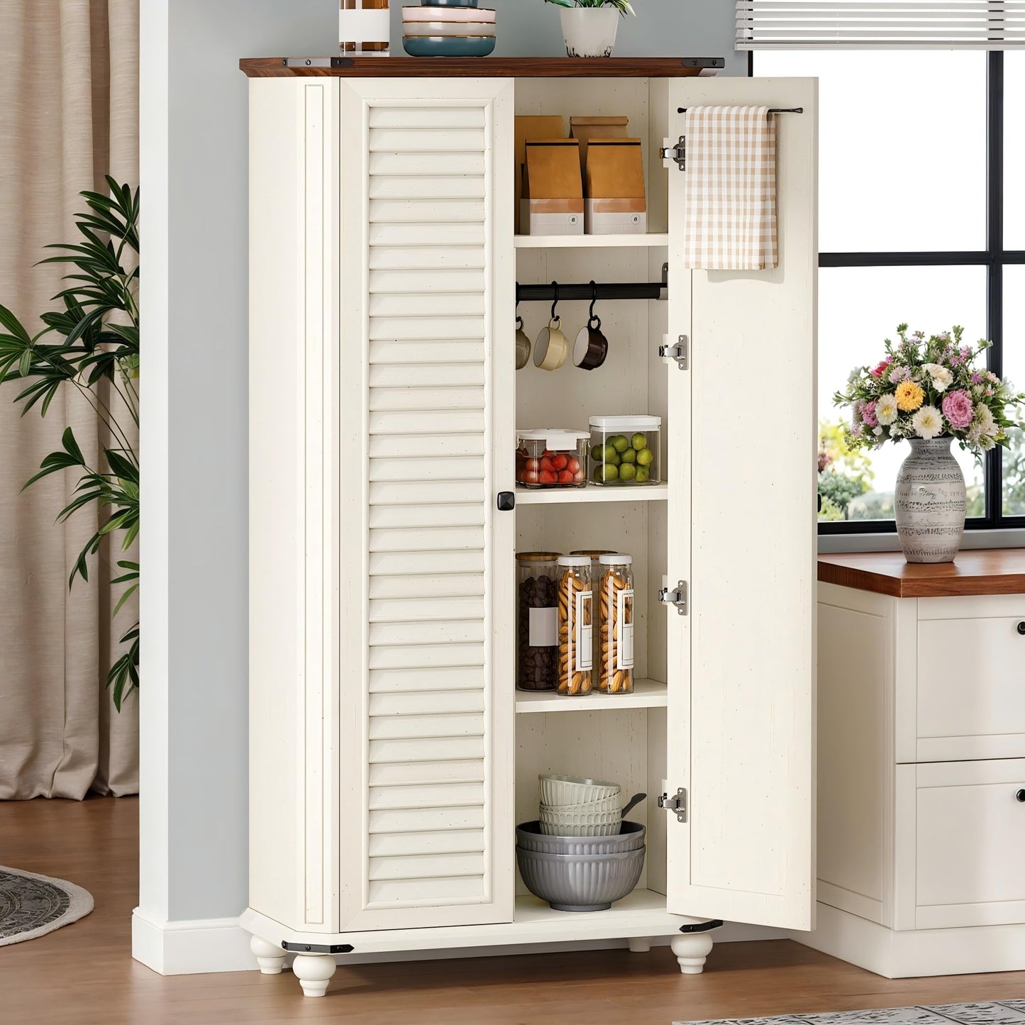 DWVO 4-Tier Storage Cabinet with 2 Shutter Doors, Farmhouse Kitchen Pantry Cabinet with Adjustable Shelves, Wooden Cabinet for Kitchen, Dining Room, Living Room, Office, Rustic White