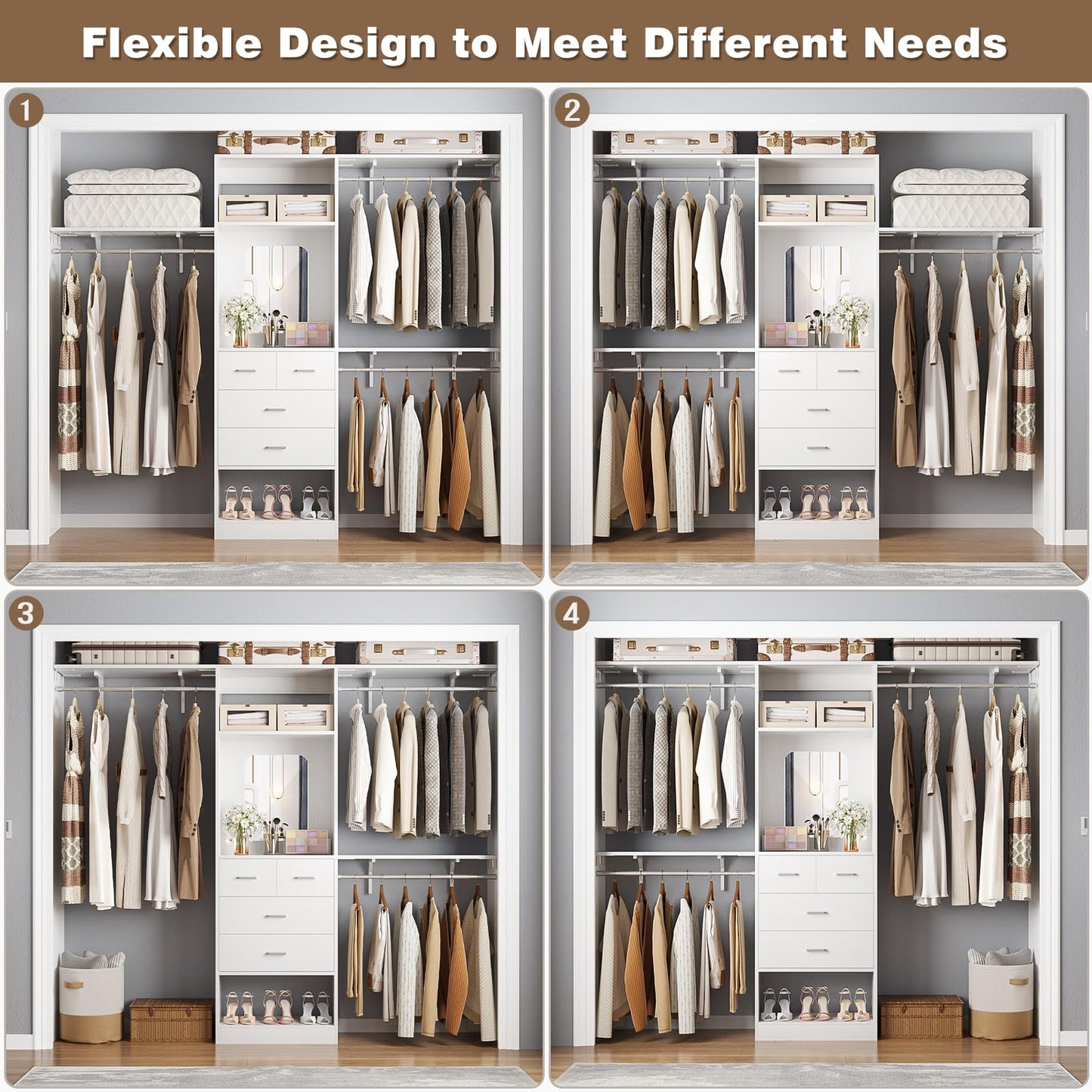Unikito 8FT Closet System with 4 Drawers, 96" Wood Closet Organizer with Mirror and Hanging Rods, Sturdy Walk in Wardrobe Closet Insert with Tower, 96" W x 16" D x 80" H (Can Be Cut To Fit), White