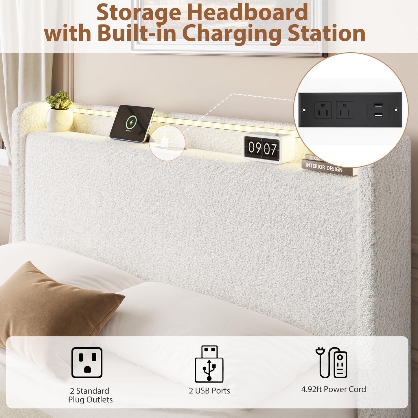 Queen LED Bed Frame with 4 Storage Drawers and Storage Headboard, Soft Boucle Upholstered Platform Bed Frame with Charging Station and USB Ports, Solid Wood Slats Support, No Box Spring Needed, White