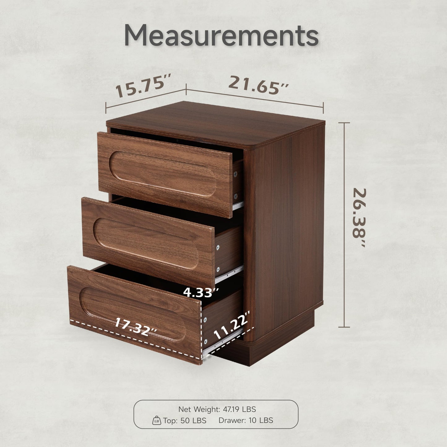 Aoikax Modern 3 Drawer Nightstand X 2P with Push-to-Open Drawers, Mid-Century Bedside Table with Raised Base for Bedroom, Oval Groove Panel Front, Dark Walnut Color