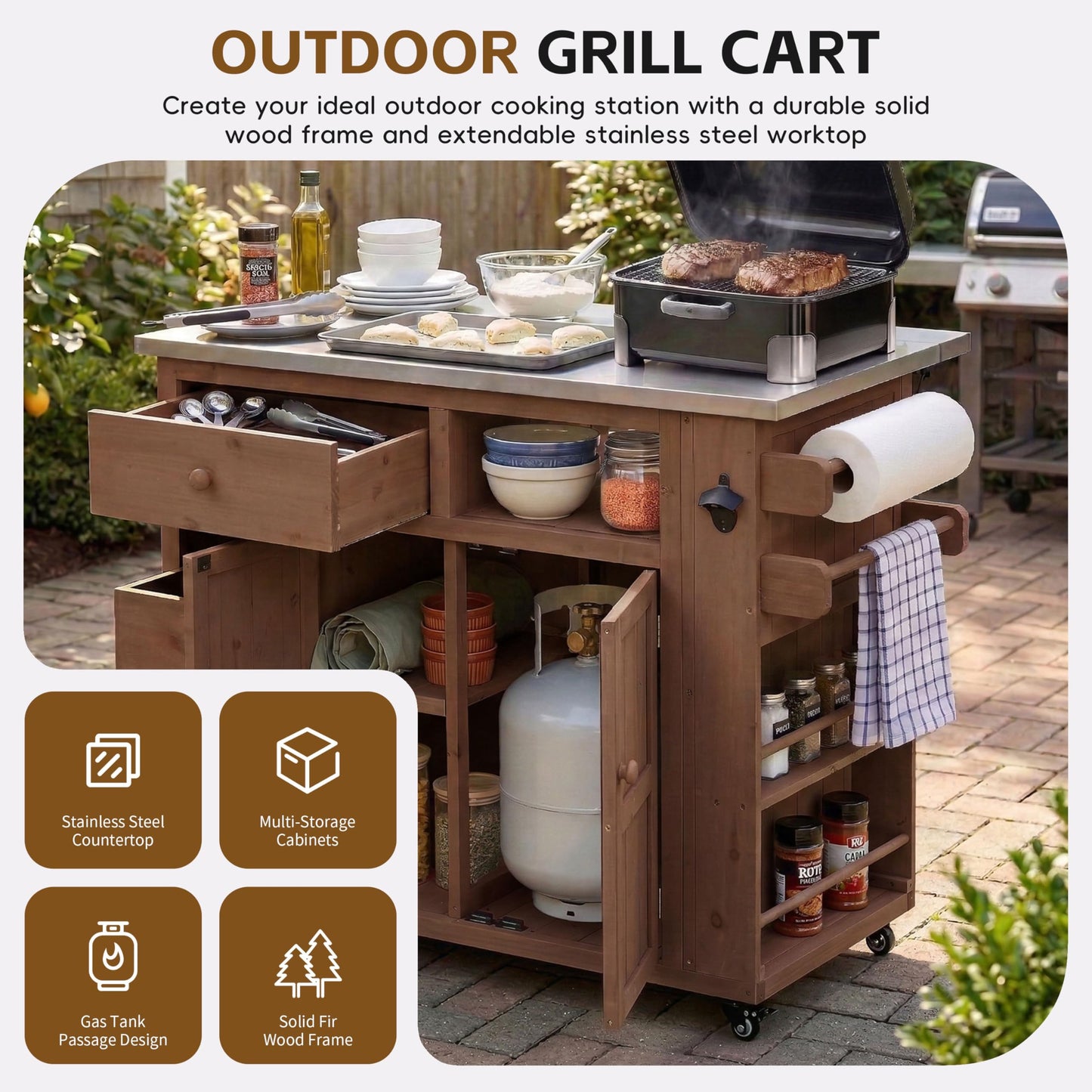 Merax Outdoor Extendable Kitchen Island with Storage, Stainless Steel Top Grill Table with Side Spice Rack, Solid Wood Kitchen Cart with Drawers and Storage Cabinet for Backyard, BBQ, Party