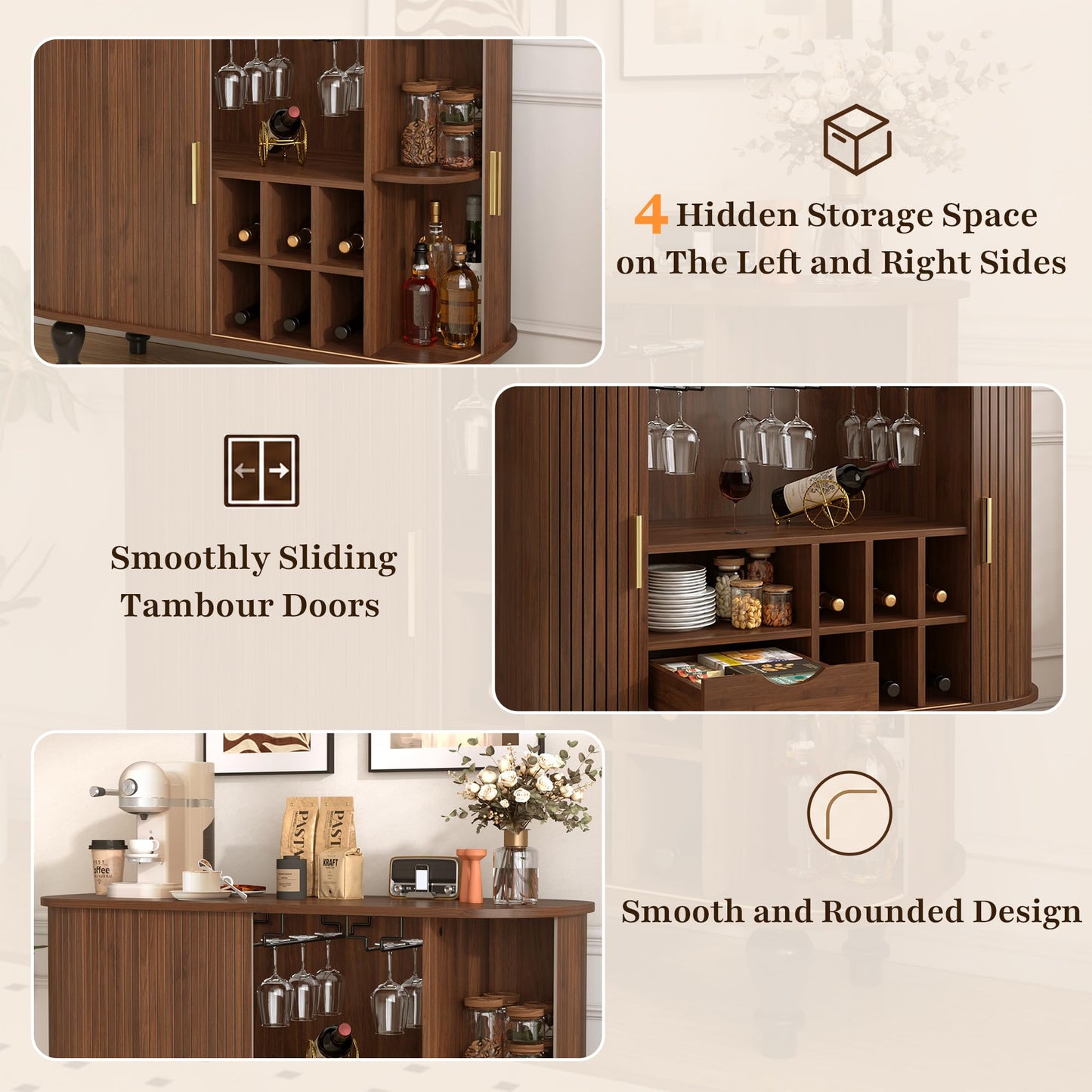 Merax Coffee & Liquor Bar Cabinet 39" with Wine Racks Glass Holders Large Drawer Hidden Side Storage Mid-Century Modern Farmhouse Sideboard, Walnut