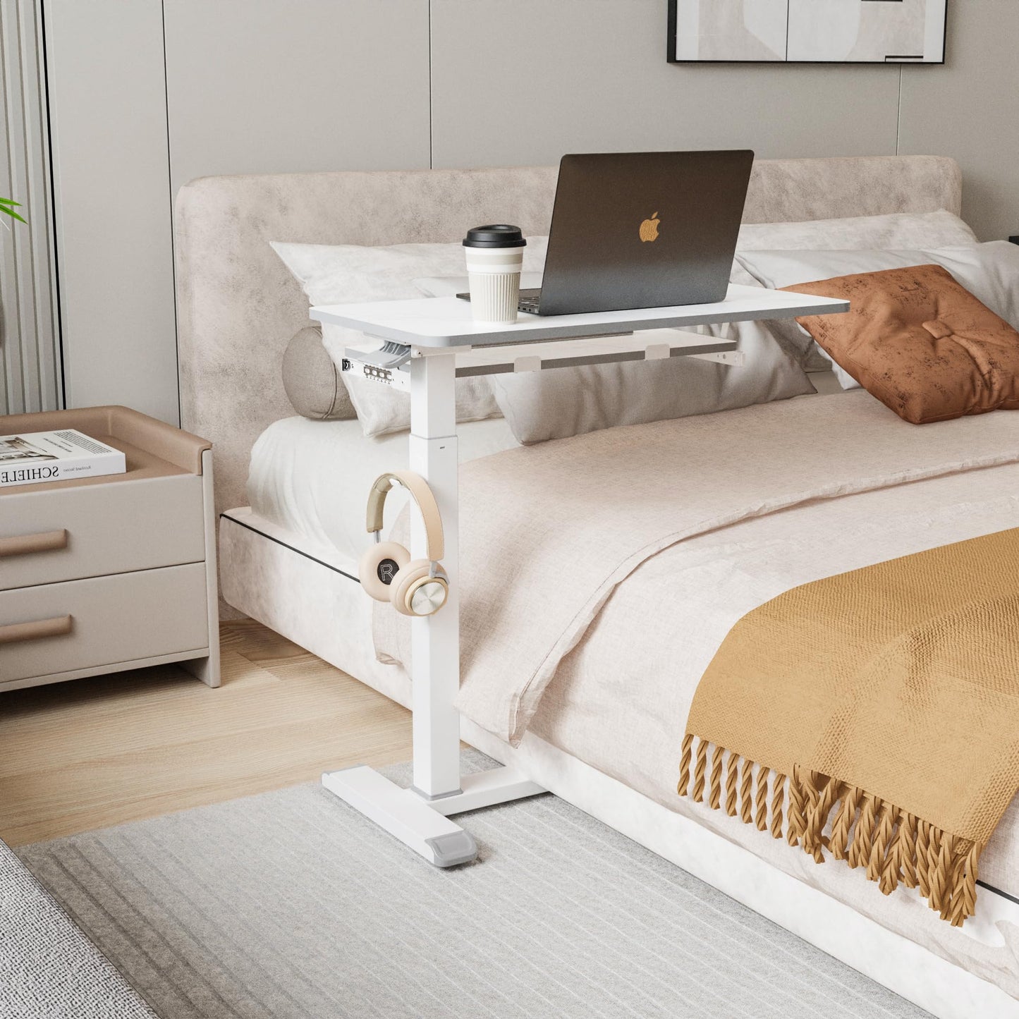 ETHU Overbed Table with Wheels, Medical Table with Drawer, Hospital Bed Table, Workstation Desk, Adjustable Overbed Bedside Rolling Laptop Desk, Marble White