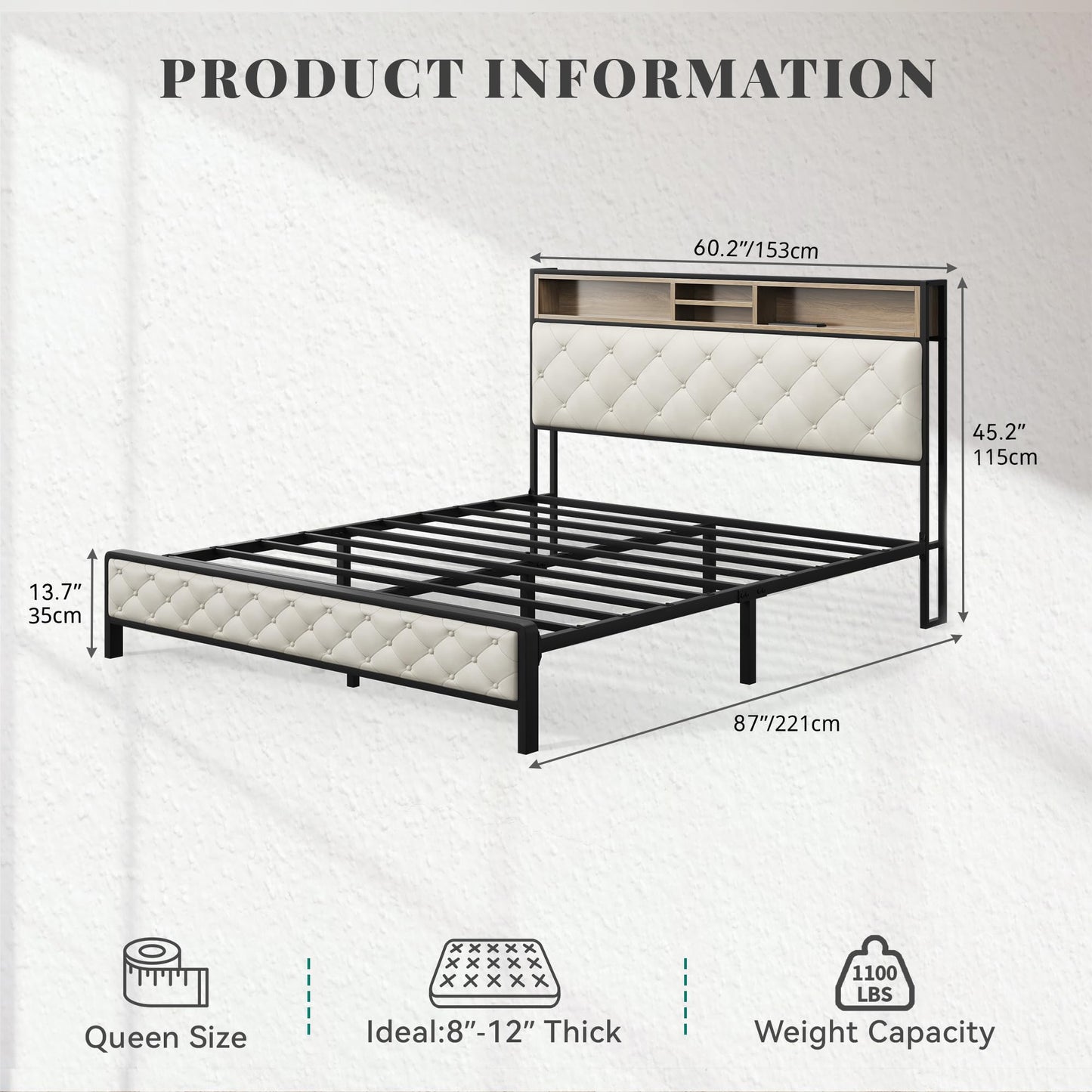 YITAHOME Queen Size Platform Bed Frame with 45.2'' Tall Headboard, Upholstered Storage Headboard with Charging Station, Large Under Bed Storage, No Box Spring Needed, Easy Assembly, Beige