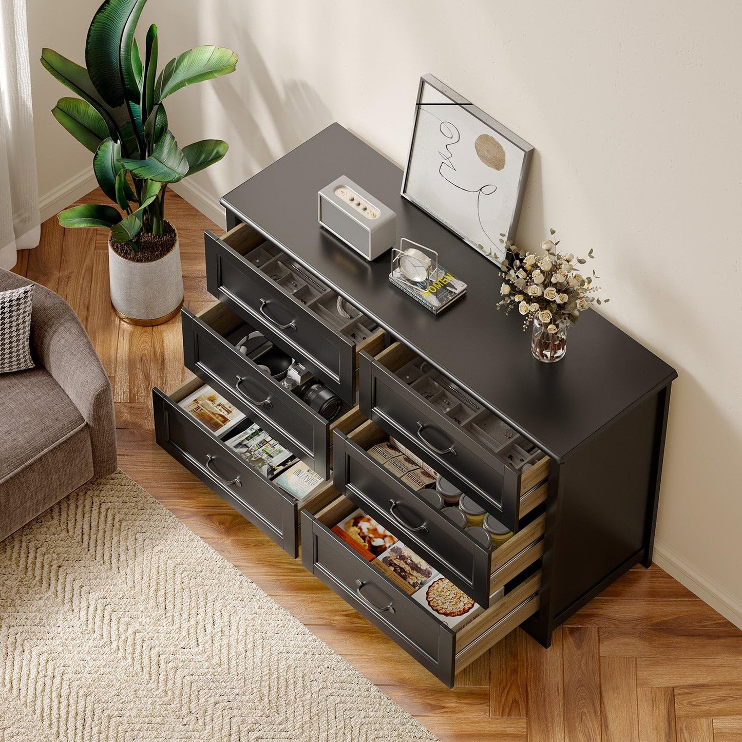 Gizoon 6 Drawer Dresser for Bedroom，47'' Larger Chest of Drawers with Mental Handle for Kids Room, Black Dresser with 6 Storage Drawers for Living Room, Entryway and Hallway, Black