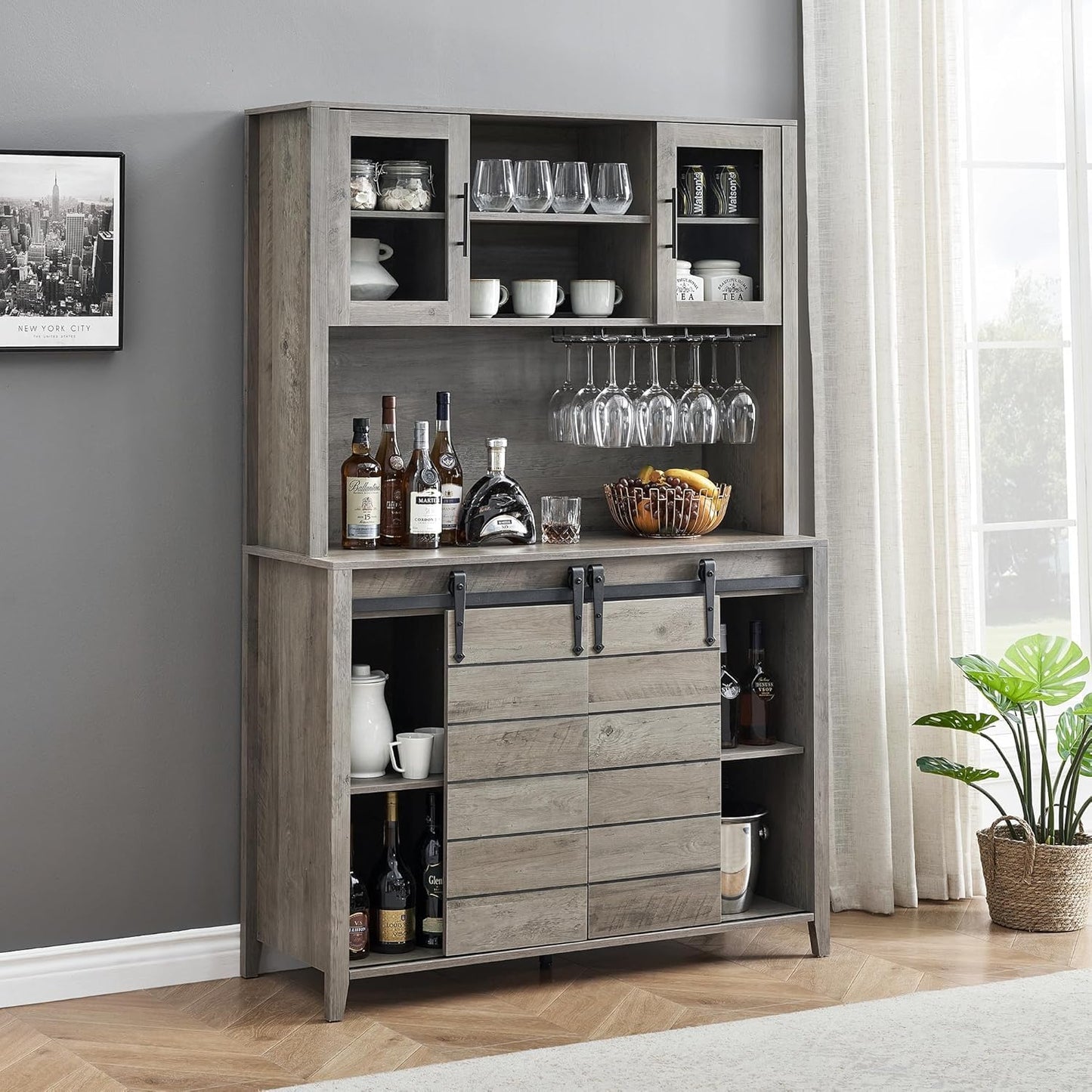IDEALHOUSE 70'' Wine Coffee Bar Cabinet with Storage Hutch, Tall Kitchen Pantry Liquor Cabinet with Sliding Barn Doors, Bottle Glasses Rack, Farmhouse Buffet for Home Dining Room, Gray Oak