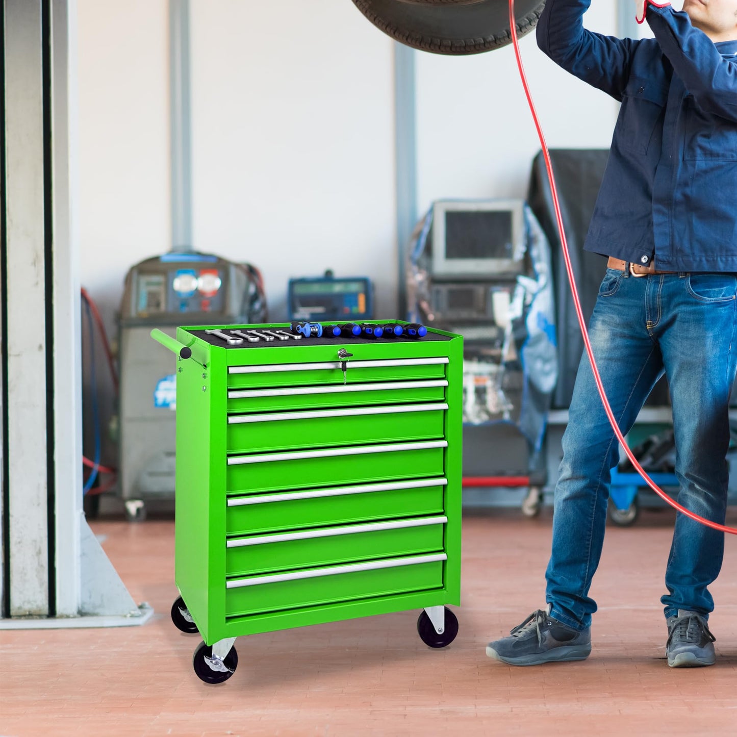 KEIKI Rolling Metal Tool Box with 7 Drawers, Tool Chest with Wheels, Multifunctional Tool Cart Mechanic Tool Storage Cabinet for Garage, Warehouse, Workshop, Repair Shop, Green