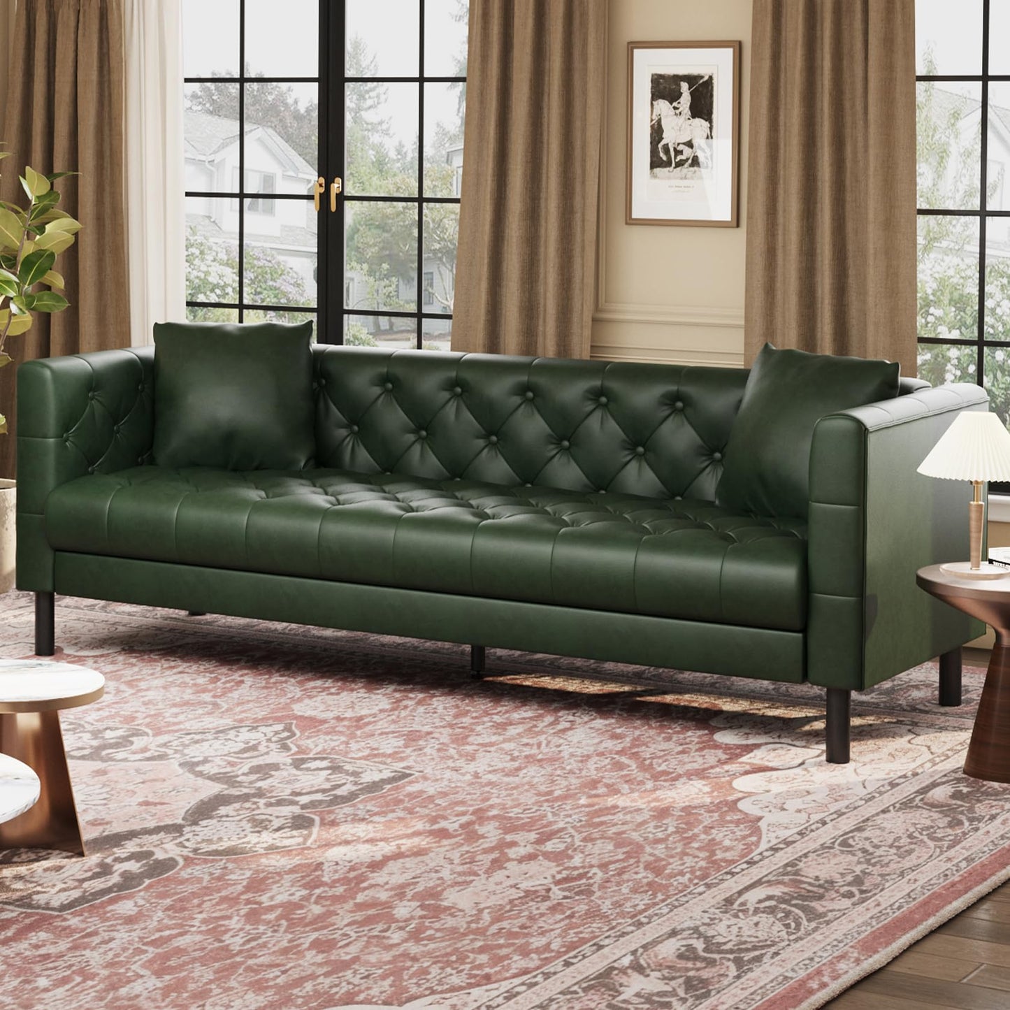 Garvee 81 in Leather Couch for Living Room, Modern Leather Sofa with Deep Seat, Handmade Button Tufted 3 Seater Sofa, Chesterfield Couch for Apartment or Office, Black, Green