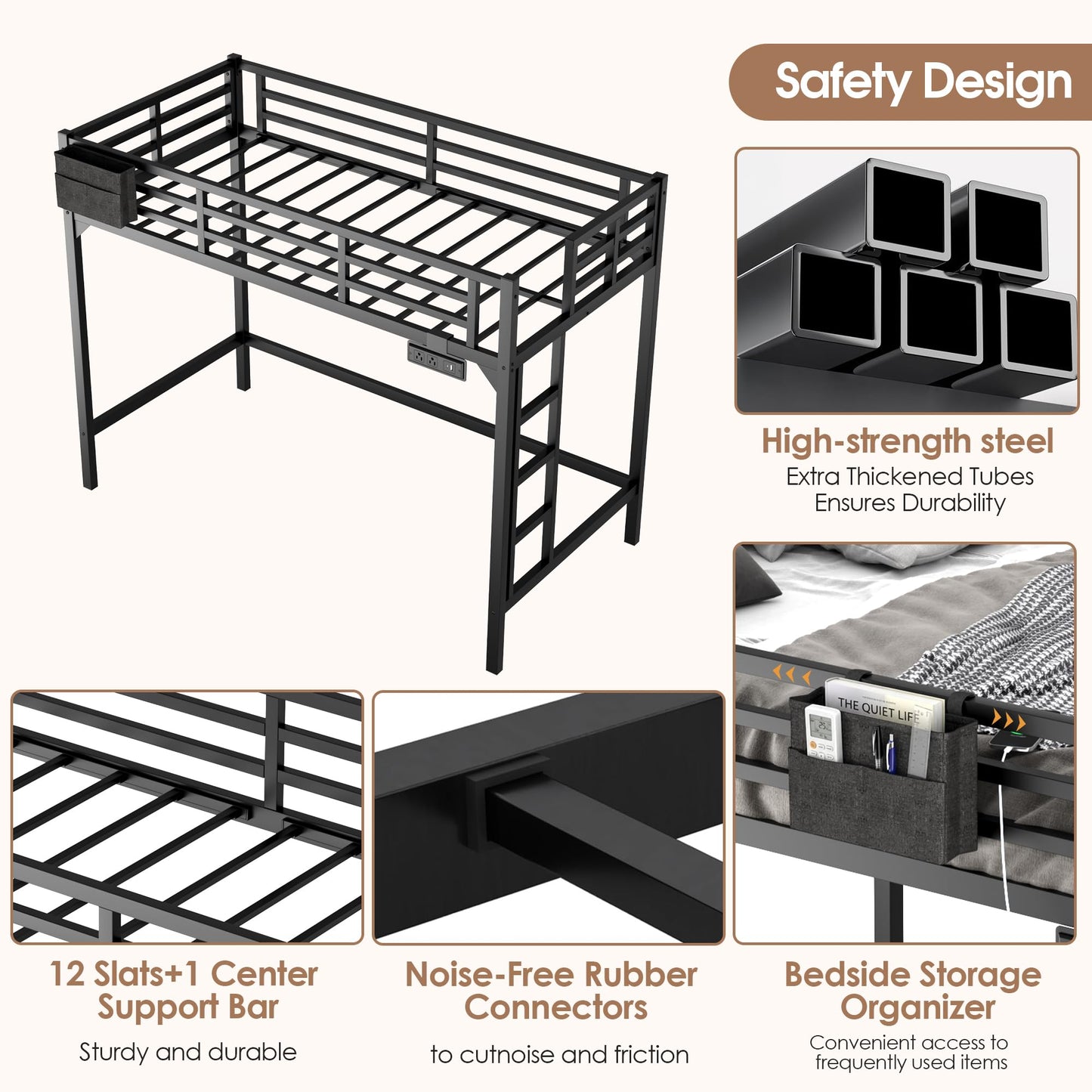 Twin XL Loft Bed with LED Lights & Charging Station, Heavy Duty Metal Bed Frame with Ladder & Guardrail, Reinforced Twin XL Loft Bed with Storage Pocket Space-Saving for Adults, Guest Room, Dorm