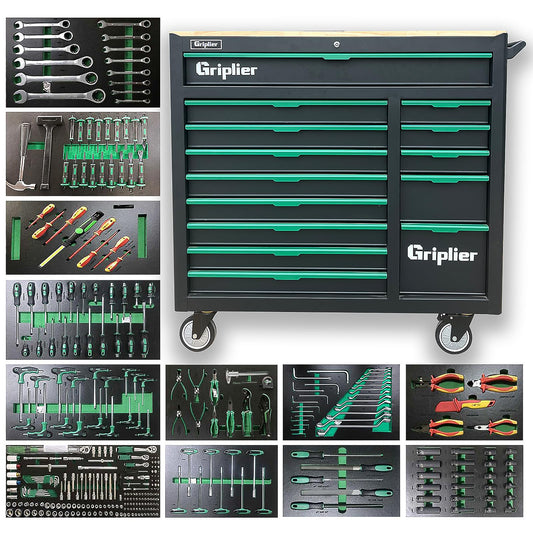 Griplier 14-Drawers Rolling Tool Chest with Wood Workbench,Brake Casters,Lock & Key,Heavy-Duty Steel Tool Cabinet Storage, for Home,Garbge or Workshop Use (14 Drawer + 348 Pieces Tools)