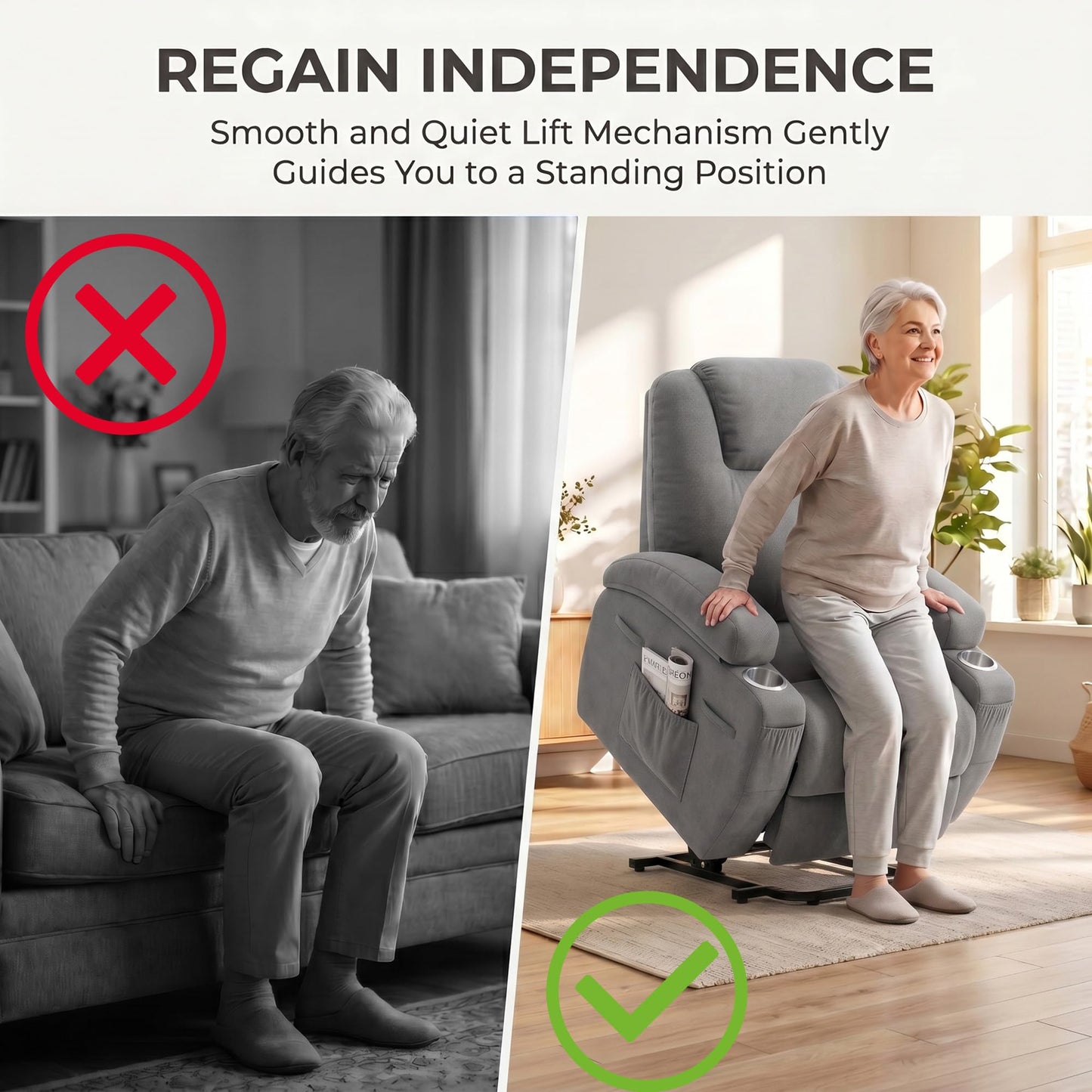 Flamaker Power Lift Chair Massage Recliner Chairs for Elderly - Ergonomic Design with Cup Holders & Side Pockets, Remote Control (Gray)