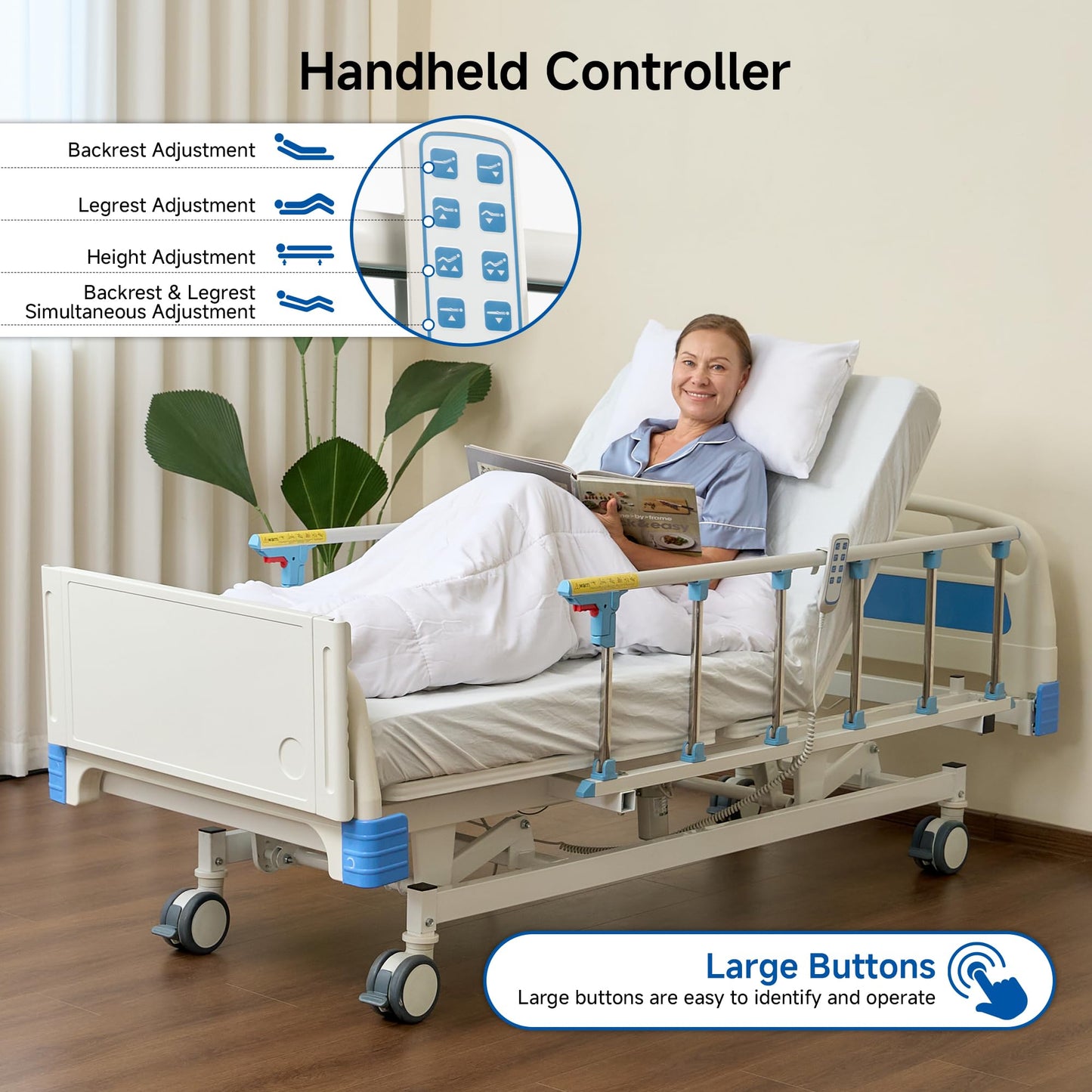 Real Relax Premium 3 Function Full Electric Hospital Bed (with Mattress & IV Pole), Premium Medical Hospital Beds, with Locking Casters, Motor, 530LBS Loading, Includes Sheets (2X)
