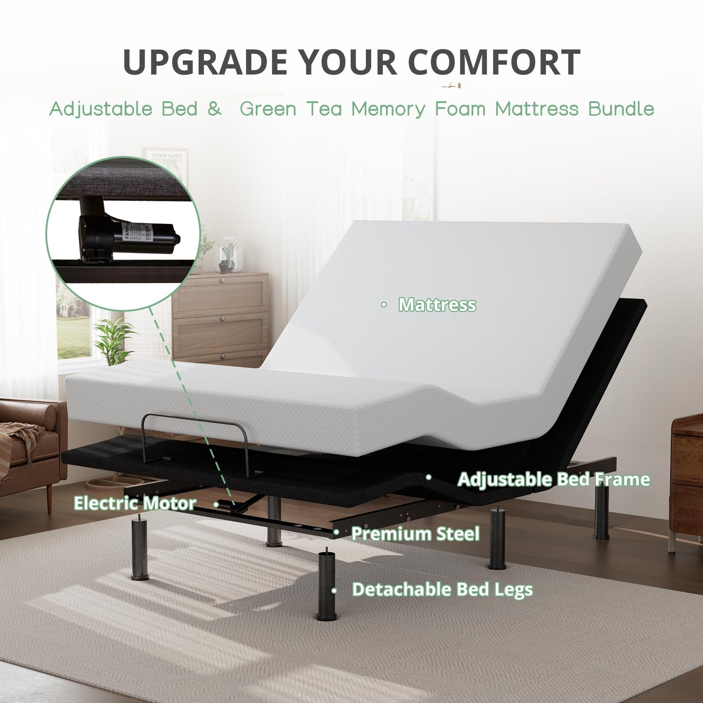 Emerspring Twin XL Adjustable Bed Base Frame and 12 inch Green Tea Memory Foam Mattress, Electric Bed Base Wireless Remote, Zero Gravity Bed, Head and Foot Incline, Anti-Snore,Easy Assembly