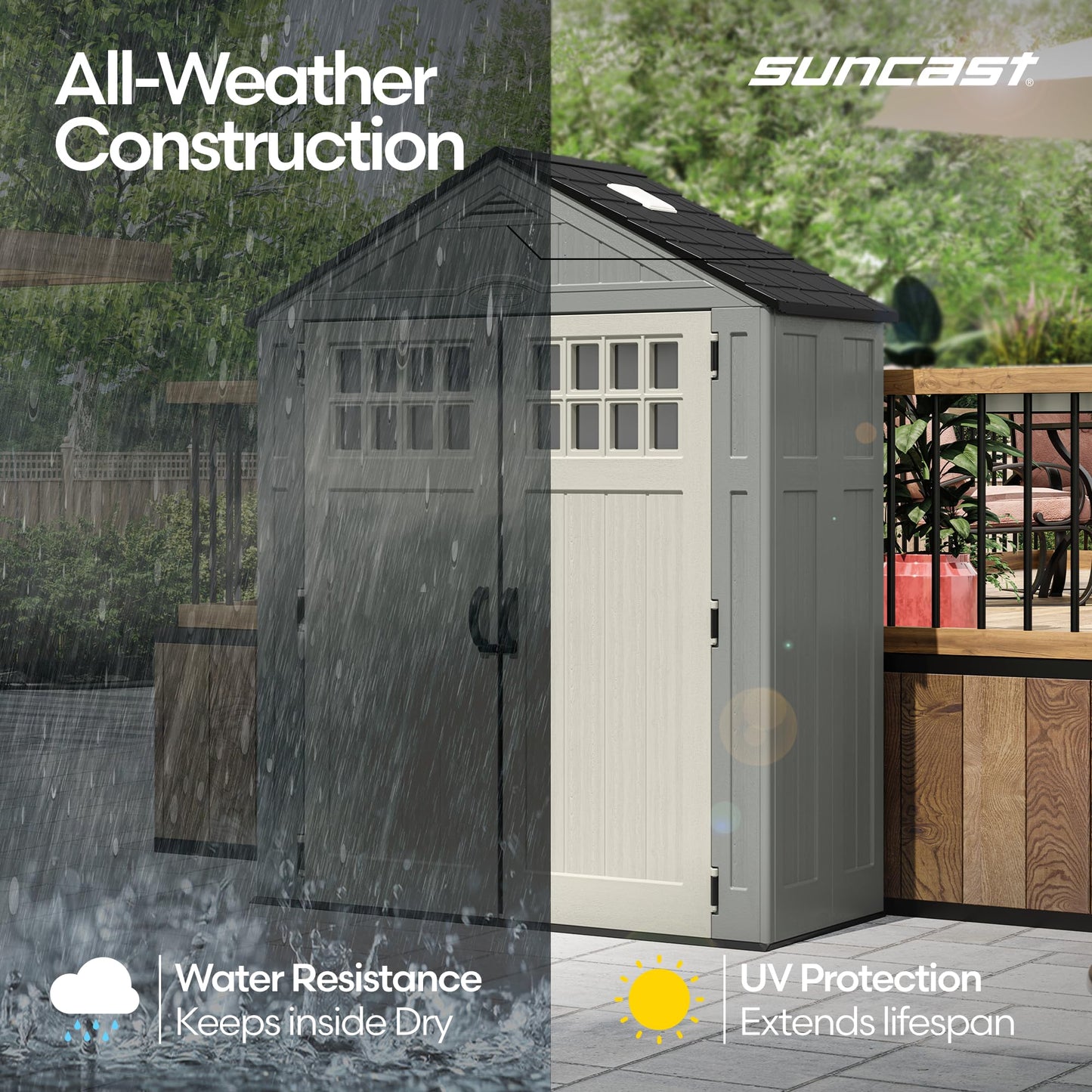 Suncast Everett 6x3 ft Vertical Storage Shed - Resin Outdoor Garden Shed with Floor, Windows, Skylight & Lockable Double Doors. Slim Yard Storage for Utility Tools & Backyard Equipment