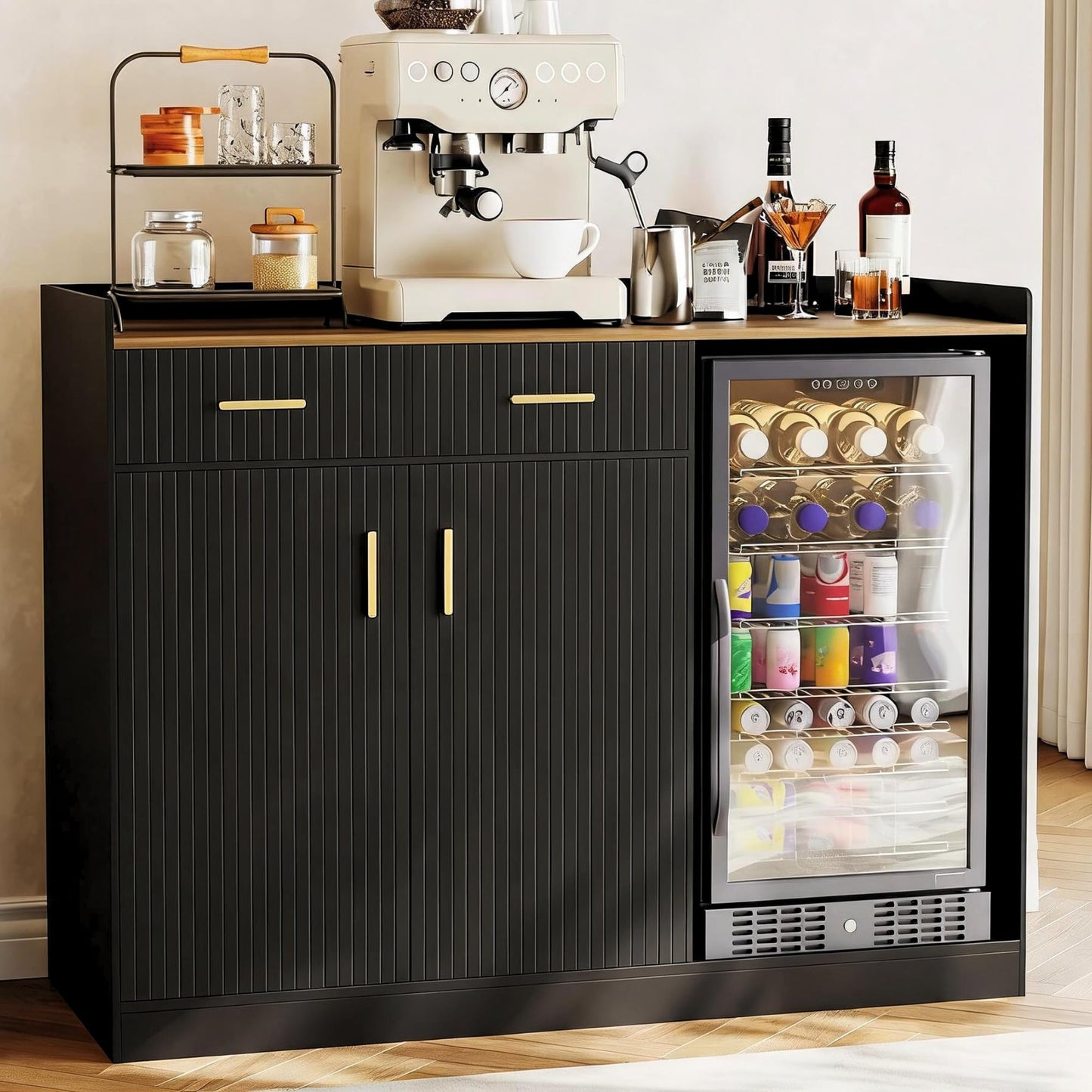 Garvee Coffee Bar Cabinet with Fridge Space, Fluted Wine Cabinet with Charging Station, Mini Fridge Cabinet with Drawers and Adjustable Shelf, Home Bar for Dining Room, Kitchen, Living Room, Black
