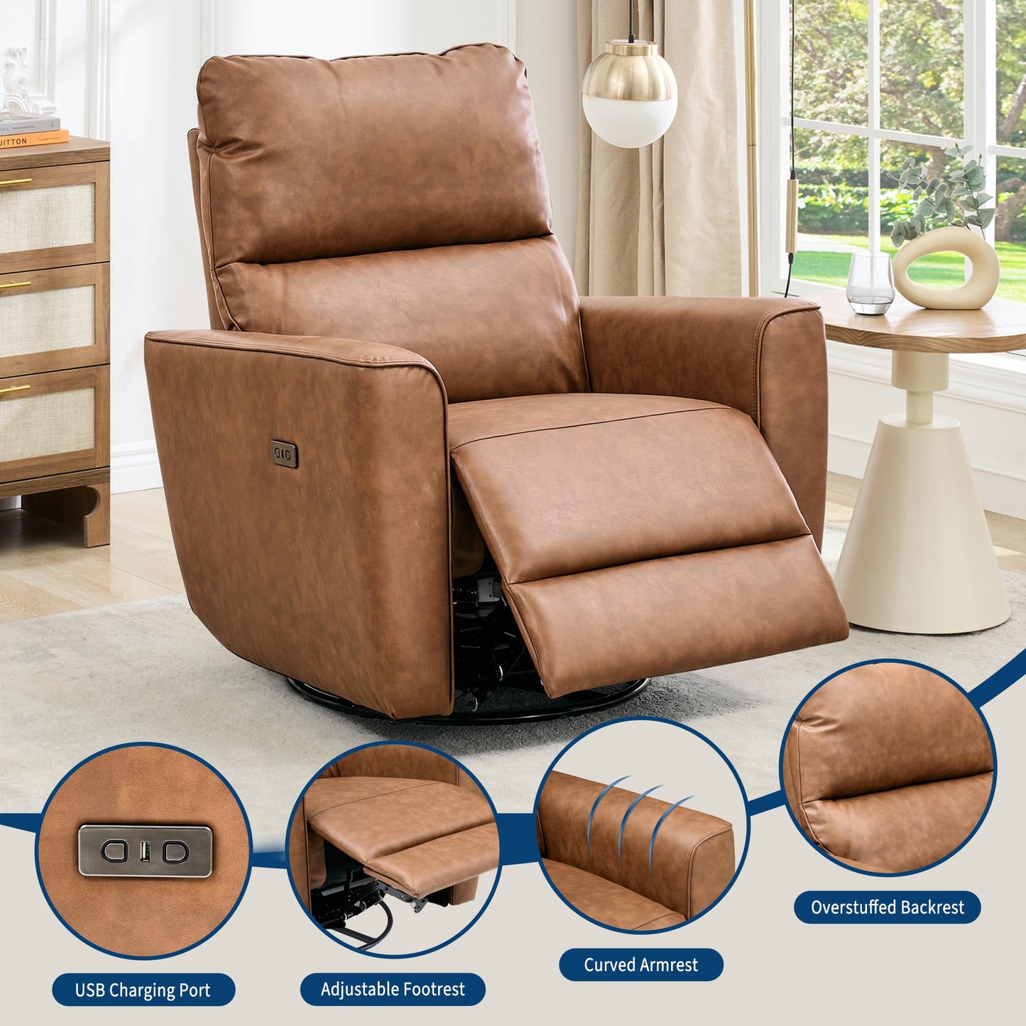 Garvee Power Swivel Glider Recliner Chair with USB Port & Lumbar Support – Effortless Rocking, Recline & Comfort for Living Room, Nursery & Home Theater