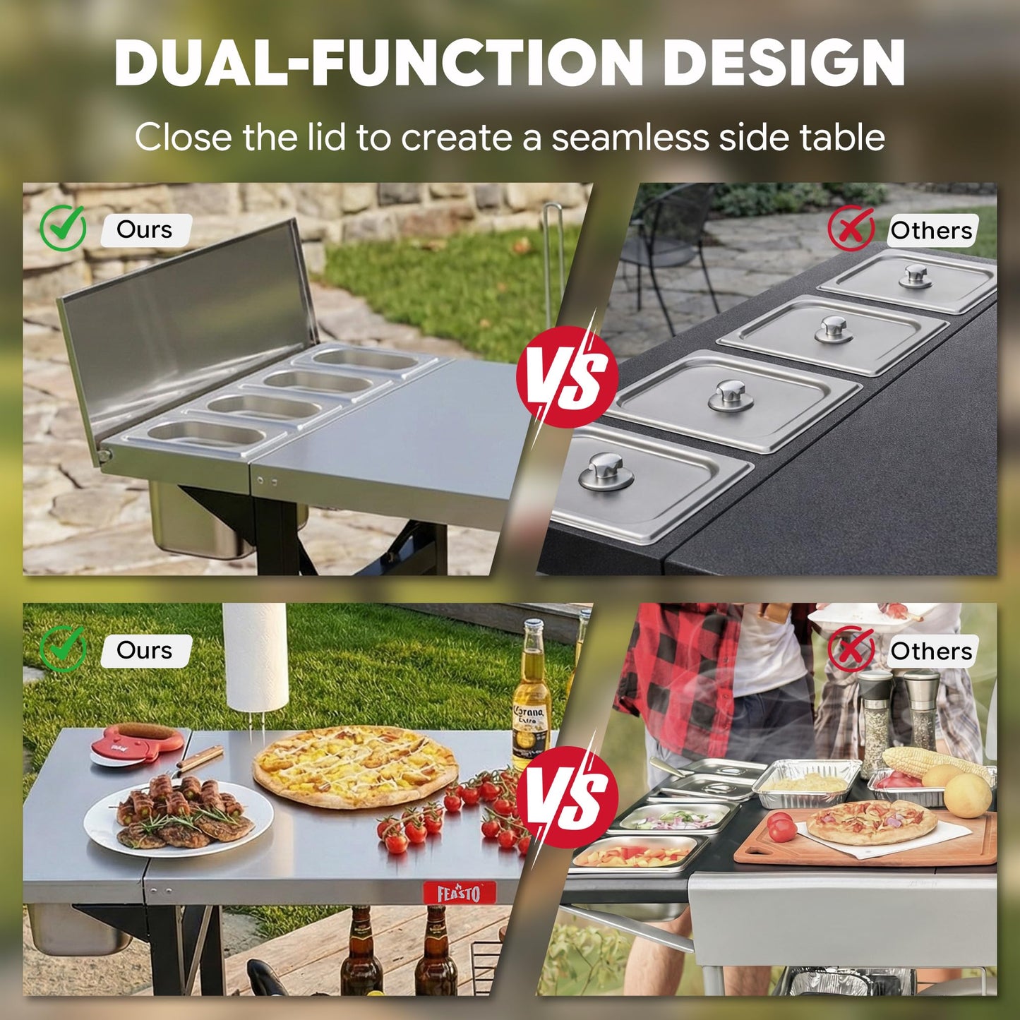 Feasto Outdoor Prep Table with One-Piece Integrated Topping Station, Food-Grade Stainless Steel Tabletop, Pizza Oven Table with Lockable Wheels for Backyard BBQ & Party