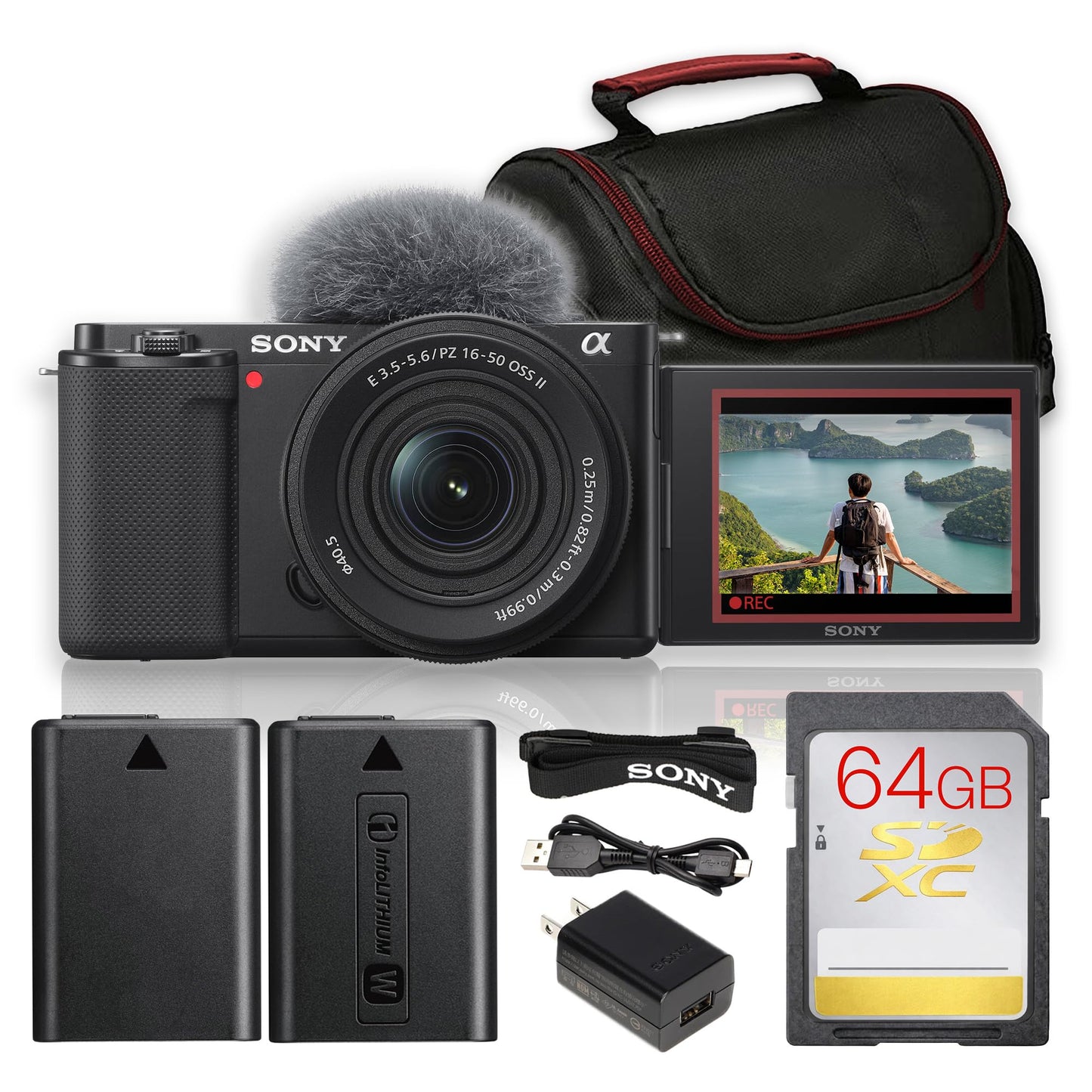 Sony ZV-E10 Mirrorless Camera with 16-50mm Lens Bundle (Black) | 24.2MP APS-C Sensor, Real-Time Eye AF, 4K Video & Flip Screen | For Vlogging & Content Creation (ILCZV-E10L/B) + 64GB Card + Bag + More