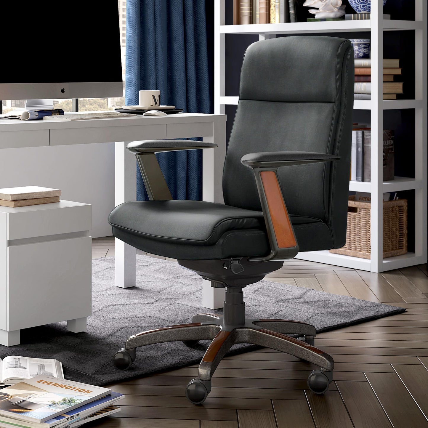 La-Z-Boy Dawson Modern Executive Office, Adjustable High Back Ergonomic Computer Chair with Lumbar Support, Black Bonded Leather with Wood Inlay
