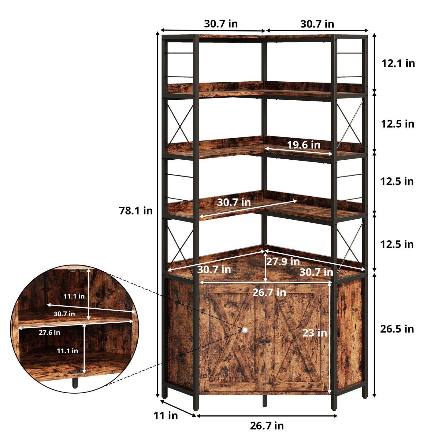 IRONCK Bookshelf with Doors, 6 Tier Corner Bookcase with Storage Cabinet, 30.7 in Depth L Shaped Book Shelf with Baffles, Farmhouse Corner Display Shelf for Living Room Home Office