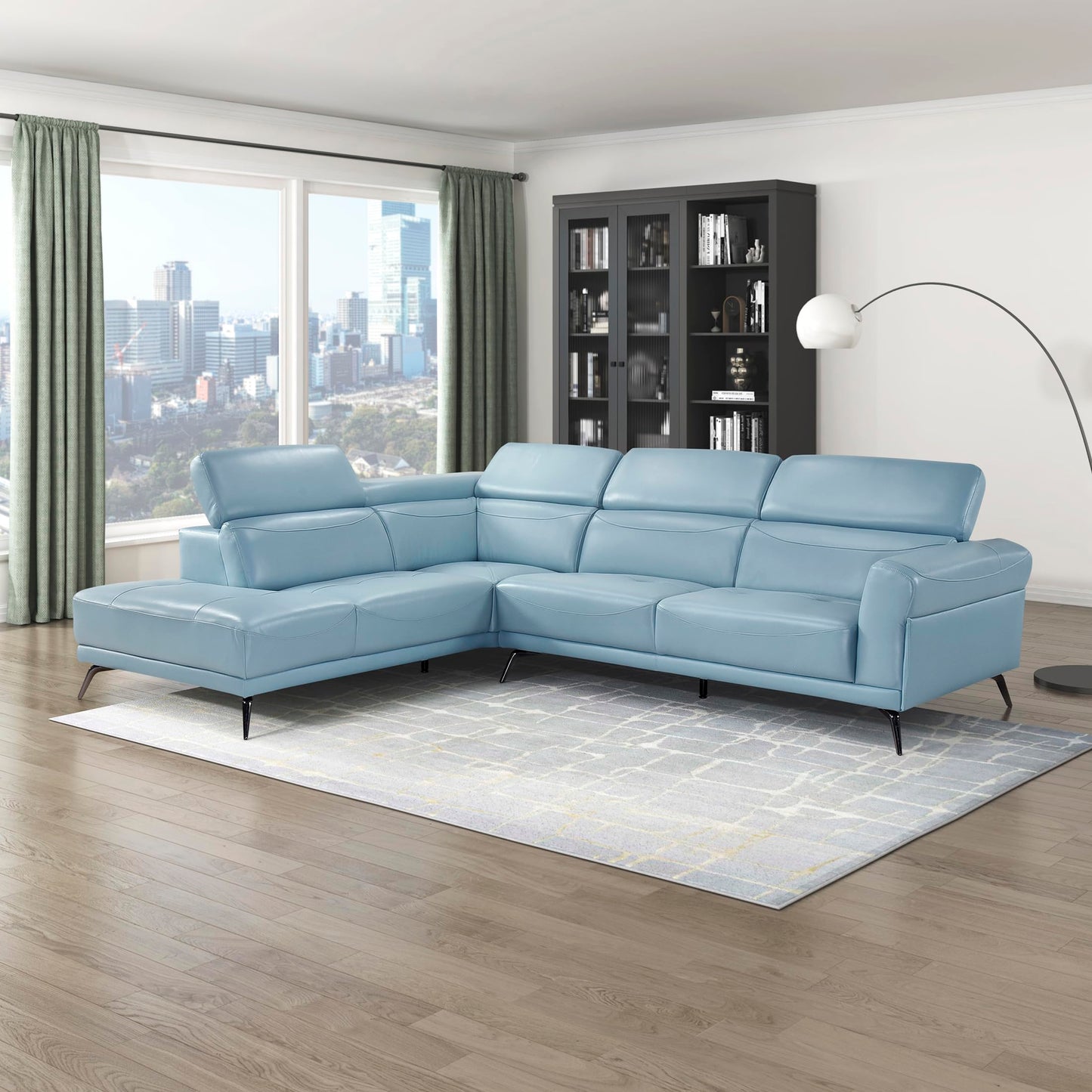 Lexicon L-Shaped Sectional Couch with Left Chaise, Top Grain Leather Match Sectional Sofa, Adjustable Headrests, Black Chrome Metal Legs, High-Density Cushions, Stitching, for Living Room, Blue