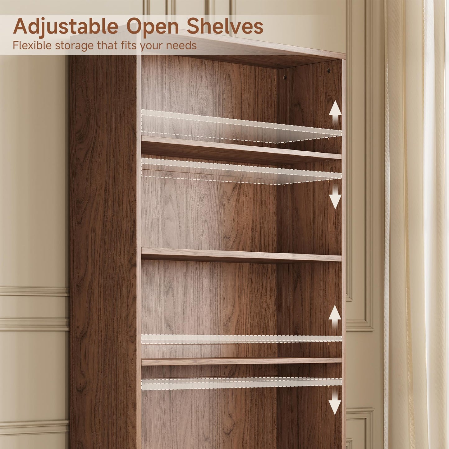 5-Tier Tall Bookshelf with Cabinet, 71" Fluted Bookcase with Sliding Door, Adjustable Display Shelf, Free Standing Cube Storage Organizer, Wood Shelving Unit for Living Room, Home Office, Walnut
