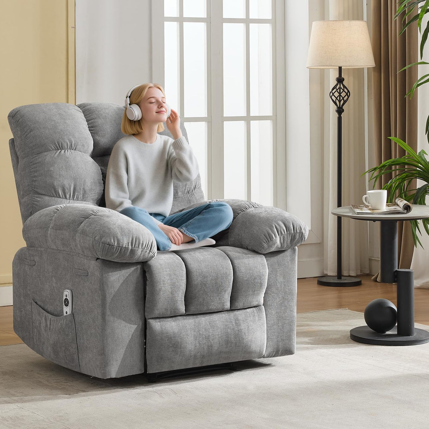 21.4'' Wide Recliner Chair,Massage & Heat Recliner Chair for Adults,Home Theater Seating with Lumbar Support,Ergonomic Breathable Fabric Nursery Rocking Chairs for Living Room