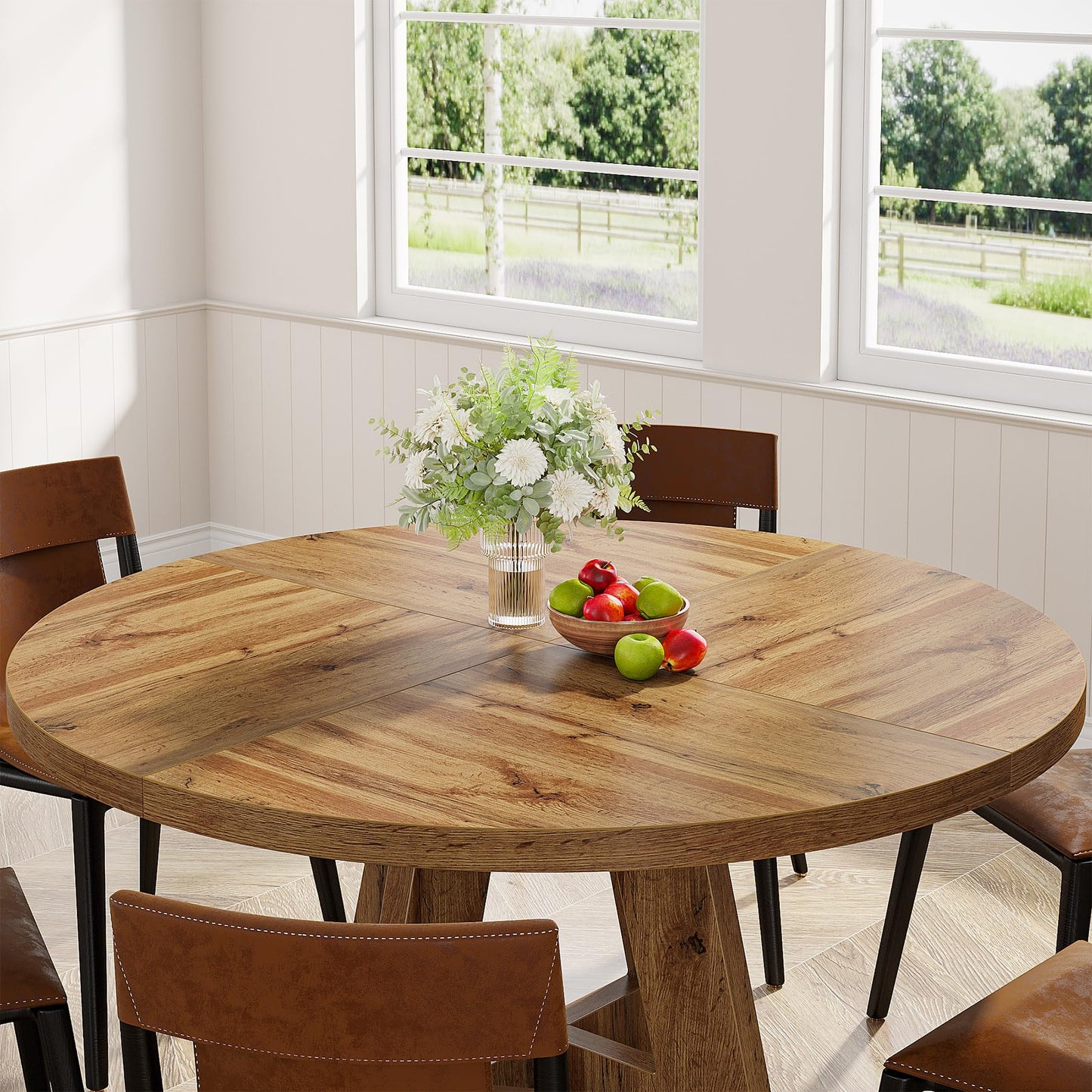 Tribesigns 47 inch Round Dining Table Wood Kitchen Table for Dining Room, 47" Dinner Room Tables for 4-6, Farmhouse Accent Furniture with Wooden Tabletop and Cross Base, Burlywood