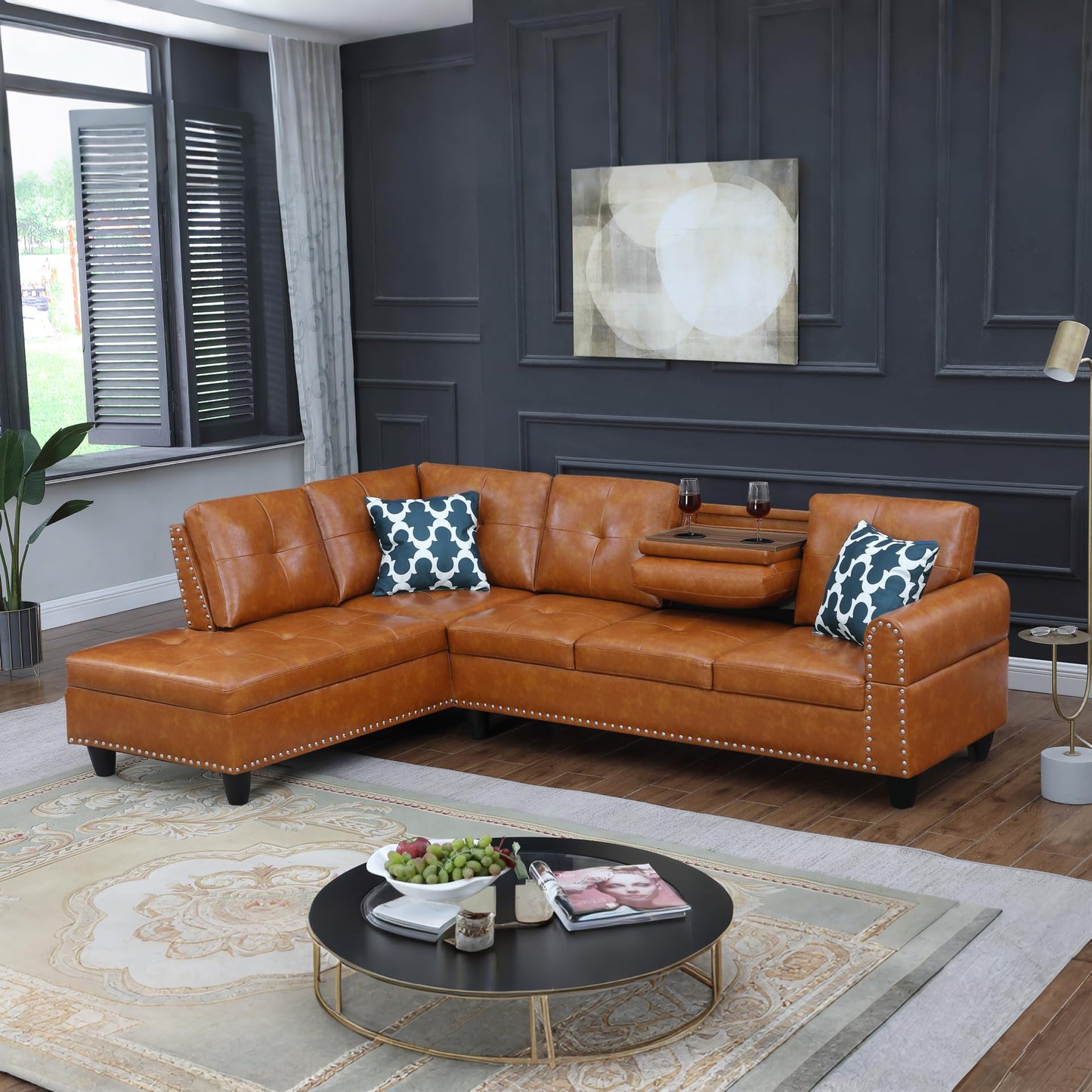 Ball & Cast 98" L Shaped Sectional Couch with Chaise, Faux Leather Upholstered Modular Sectional Sofa with 2 Pillows and Cup Holders,5 Seater Comfy Sofa,Nailhead Trim Design,for Living Room,Ginger