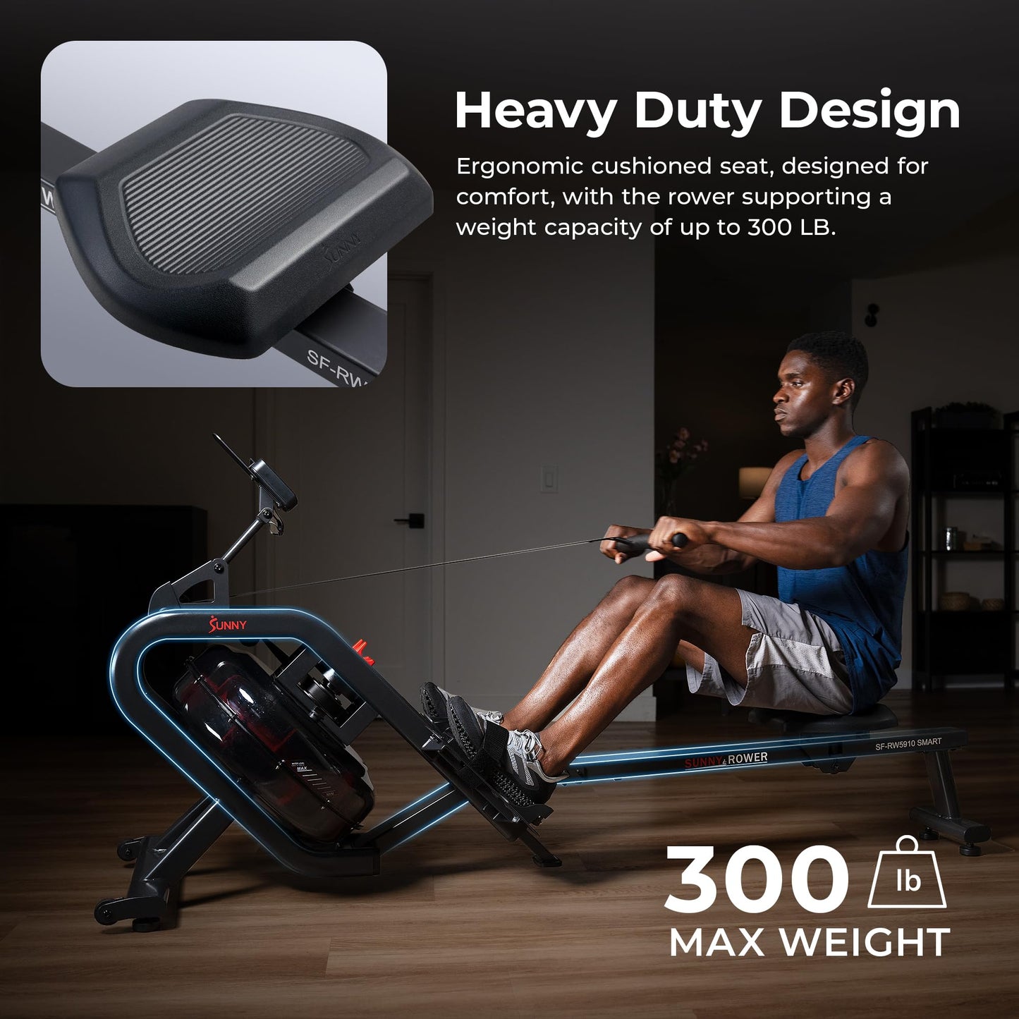 Sunny Health & Fitness Phantom Hydro Smart Water Rowing Machine with Dynamic Real-Time Resistance, Foldable 300 LB Capacity Rower with Bluetooth Connectivity and Extra Long Slide- SF-RW5910SMART