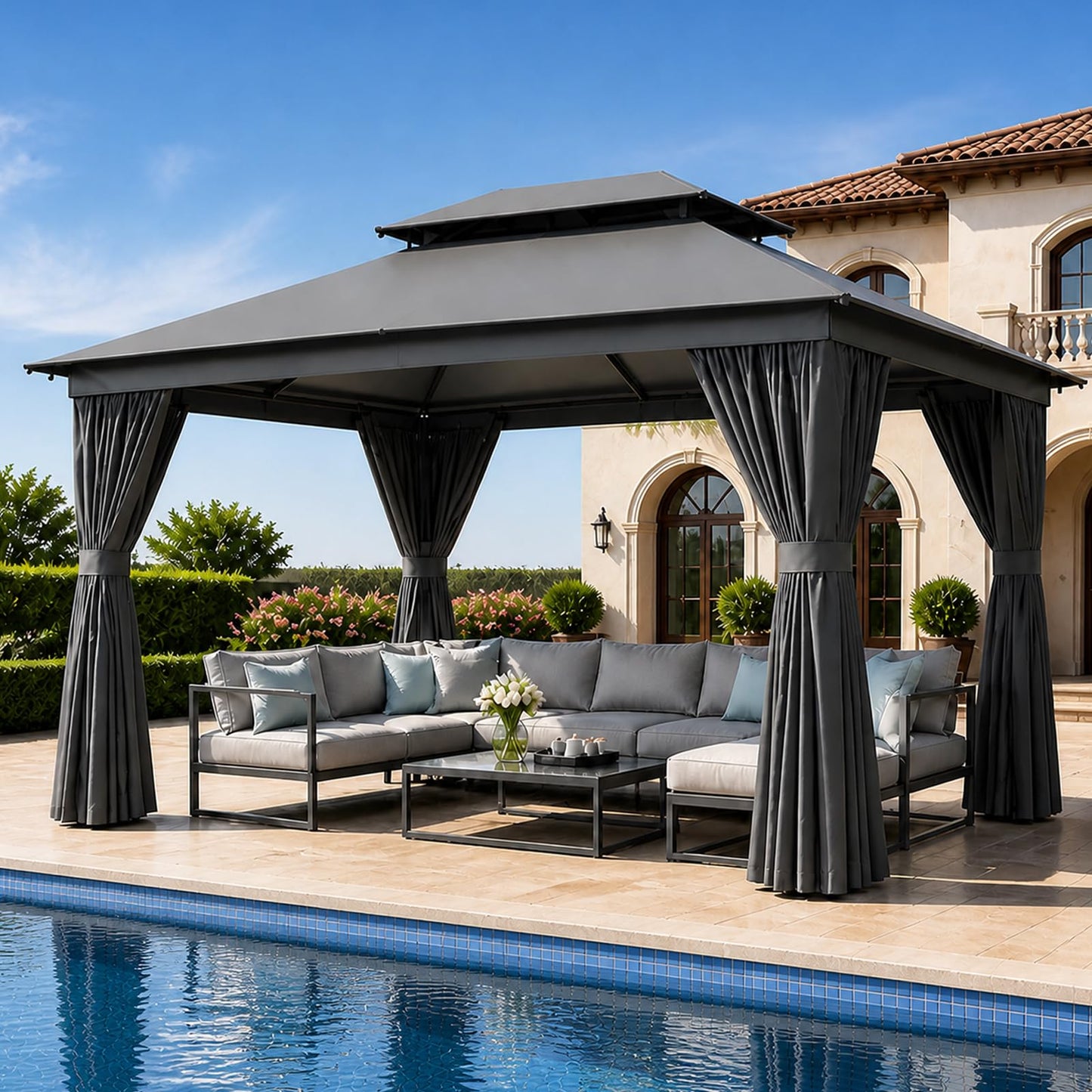 Aoxun 12'x10' Outdoor Gazebo, 50mm Heavy-Duty Steel Frame Double Roof Canopy, Waterproof Polyester Patio Pavilion with Curtains and Netting for Backyard Garden, Dark Gray