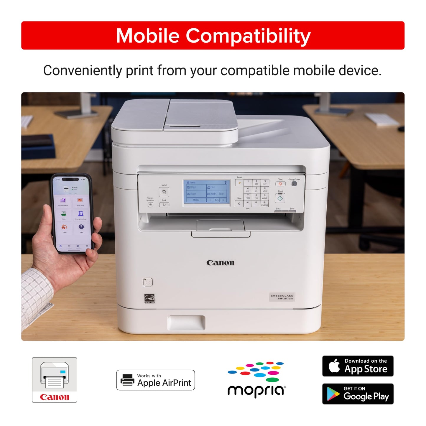 Canon imageCLASS MF287dw - Monochrome, Duplex, Wireless Laser Printer, All-in-One Print, Copy, Scan, Fax, Auto Document Feeder, 1 Year Limited Warranty, 35 PPM, White