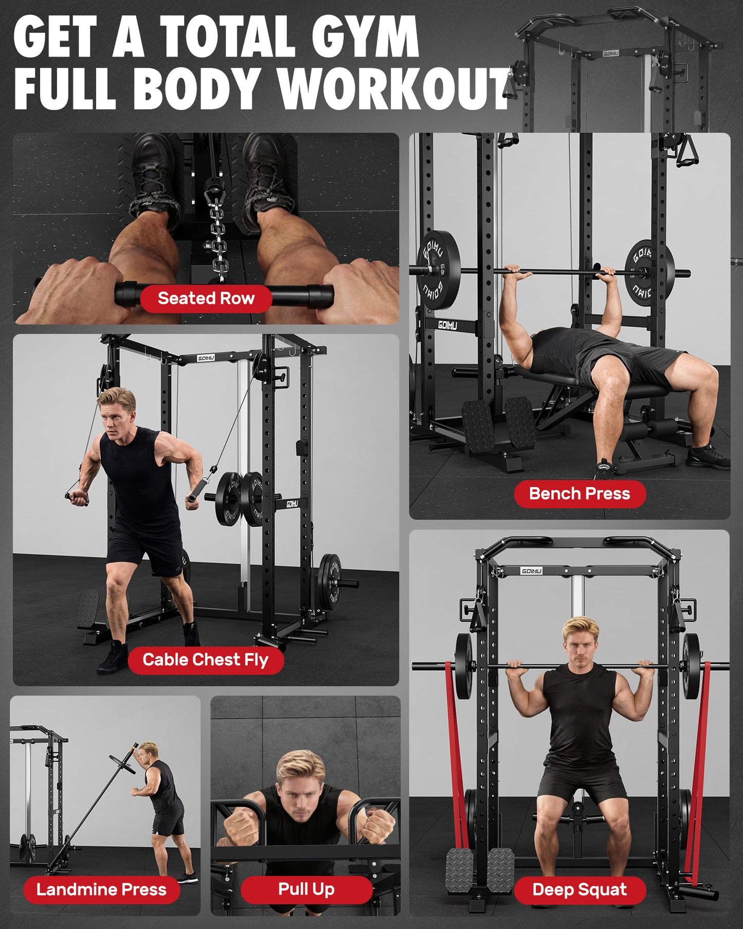 GOIMU RH01 Power Cage Rack, 2000LBS Squat Rack with with Cable Crossover System&LAT Pull Down System, Multi-Function Workout Cage for Home&Garage Gym (Black-SE, RH01 Power Cage)