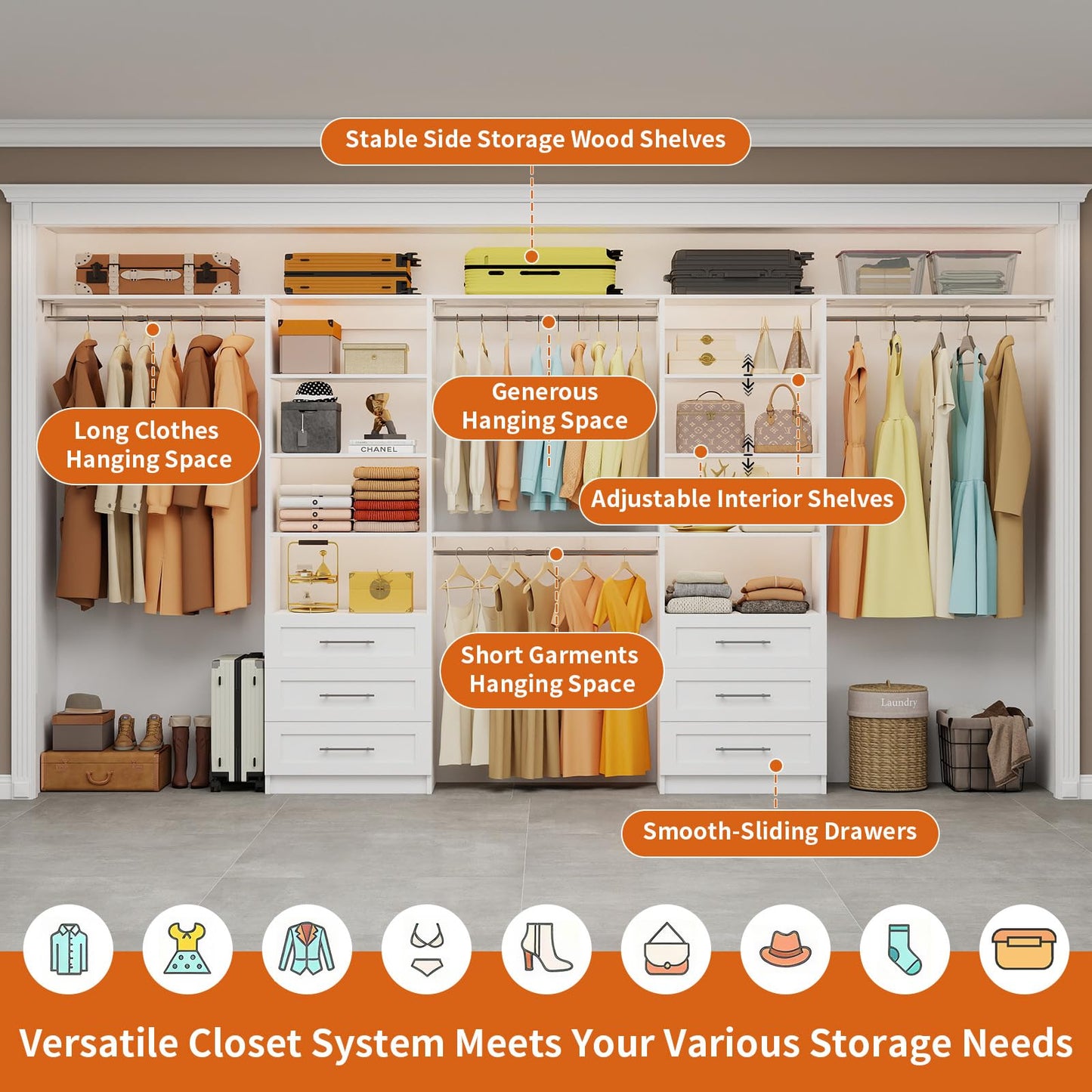 Closet System with 6 Drawers, 6-13FT Closet Organizer System Wood with 8 Shelves & 6 Expandable Hanging Rods, Closet Systems Kit for Walk in Closets, Modular Closet Organizer Systems, 2 Sets,White