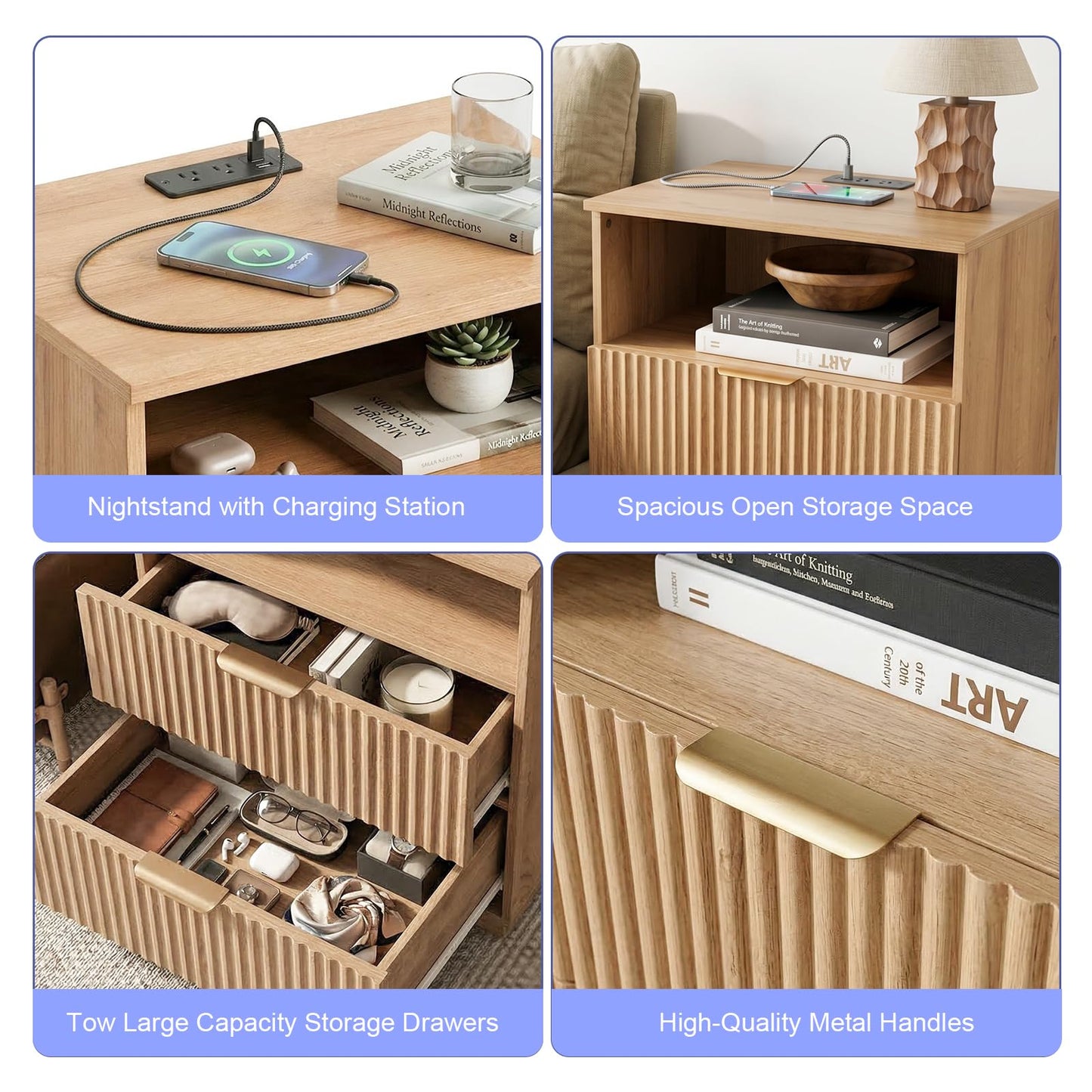 Chyanmoo Fluted Night Stand Set of 2 with Charging Station, Bedside Table Nightstand with Storage Drawer & Open Shelves, Small End Table Side Table for Bedroom Sofa Office, Natural Oak