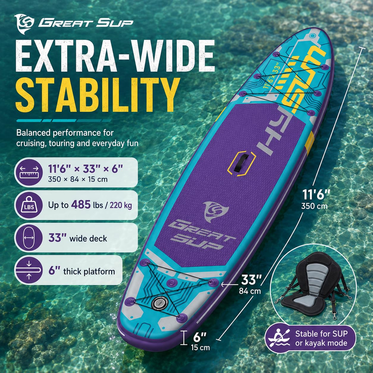 11'6'' Inflatable Stand Up Paddle Board for Adults, Non Slip Deck Blow Up Paddle Board for Fishing Yoga, Paddleboards with SUP Accessories, Fins, Leash, Air Pump, Seat, Backpack