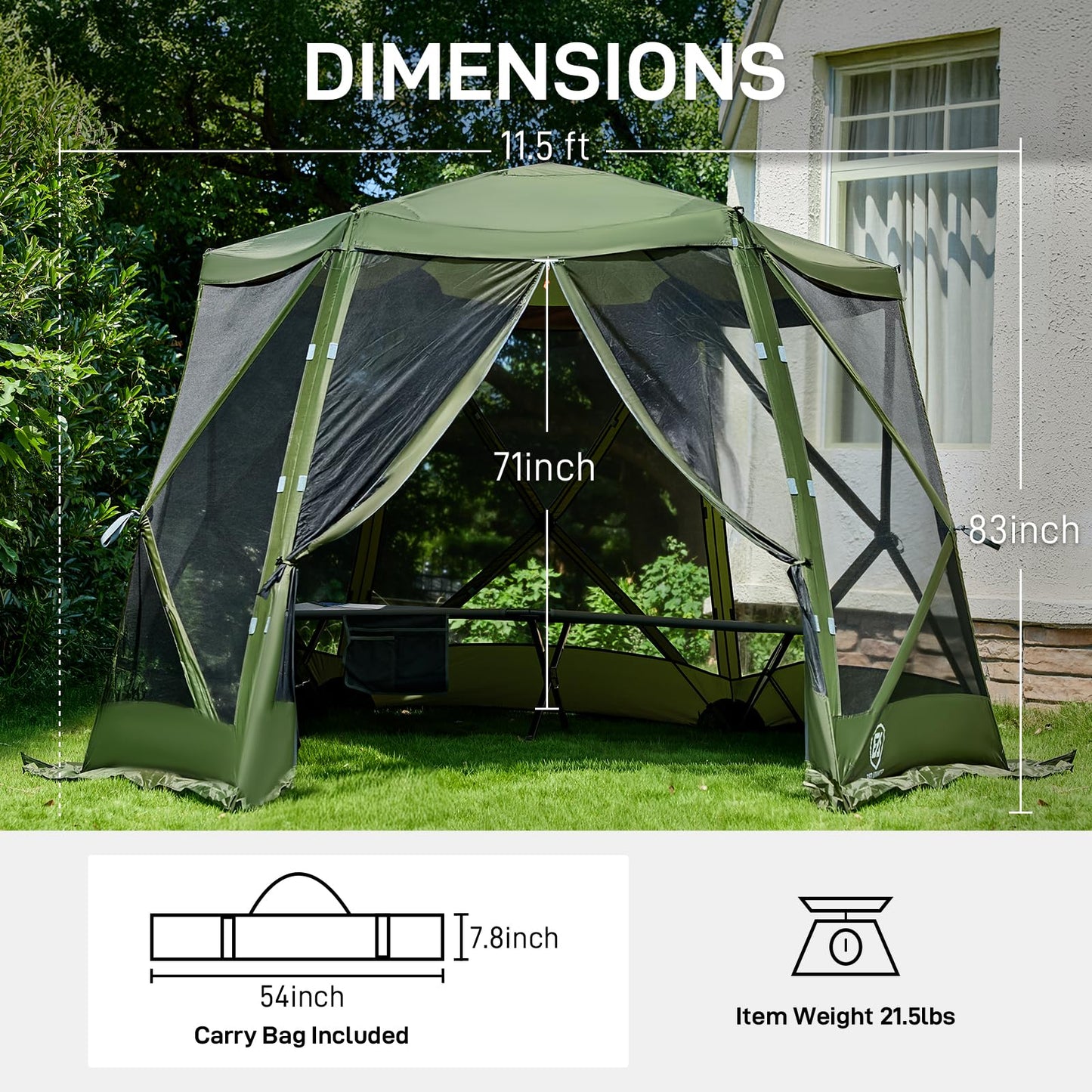 EVER ADVANCED Pop up Screen House Tent for Camping 11.5 x 9.8 ft, Instant Screened Gazebo Canopy with Netting, Portable Shelter Enclosure for Outdoor, Backyard