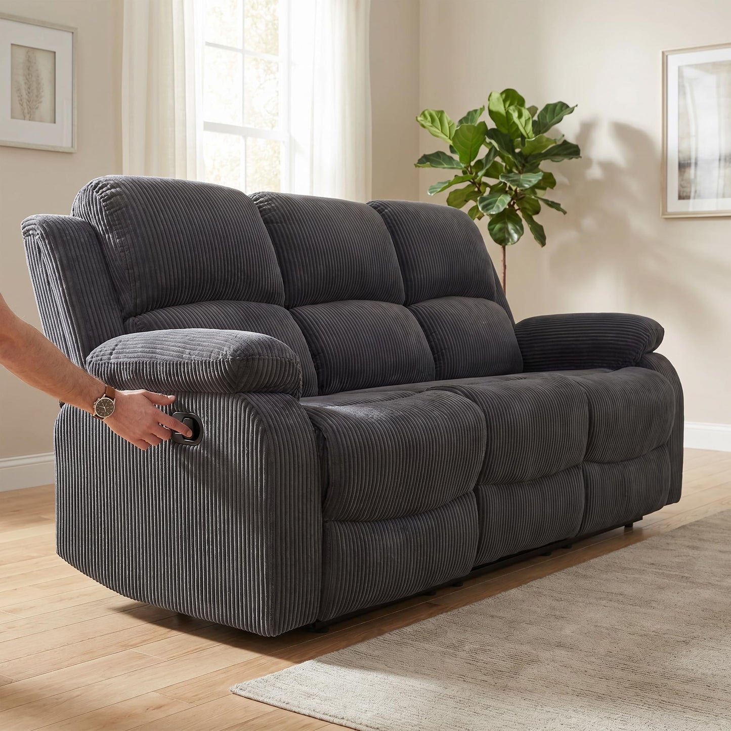 Trygoal Corduroy Power Recliner Sofa Set, Corduroy Recliner Couch Sets with Multi Angle Reclining, 3 Piece Sectional Sofa with USB Charging Port for Home Theater, Living Room, Office, Dark Gray