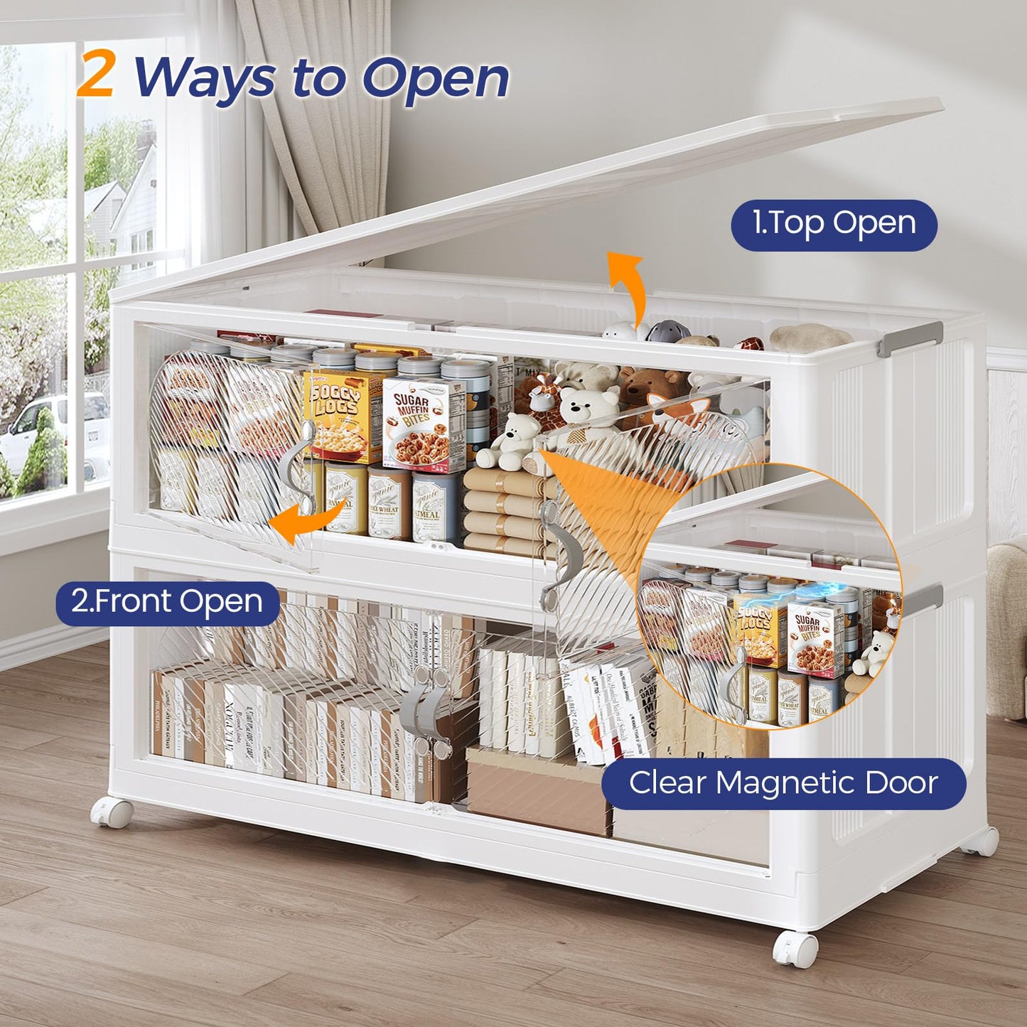 QAVABIN 1280QT Extra Large Stackable Storage Bins with Lid, 320Gal Plastic Closet Organizers and Storage Drawer, Collapsible Cabinet Box with Wheels Clear Doors for Home Kitchen Garage, 4Pack White