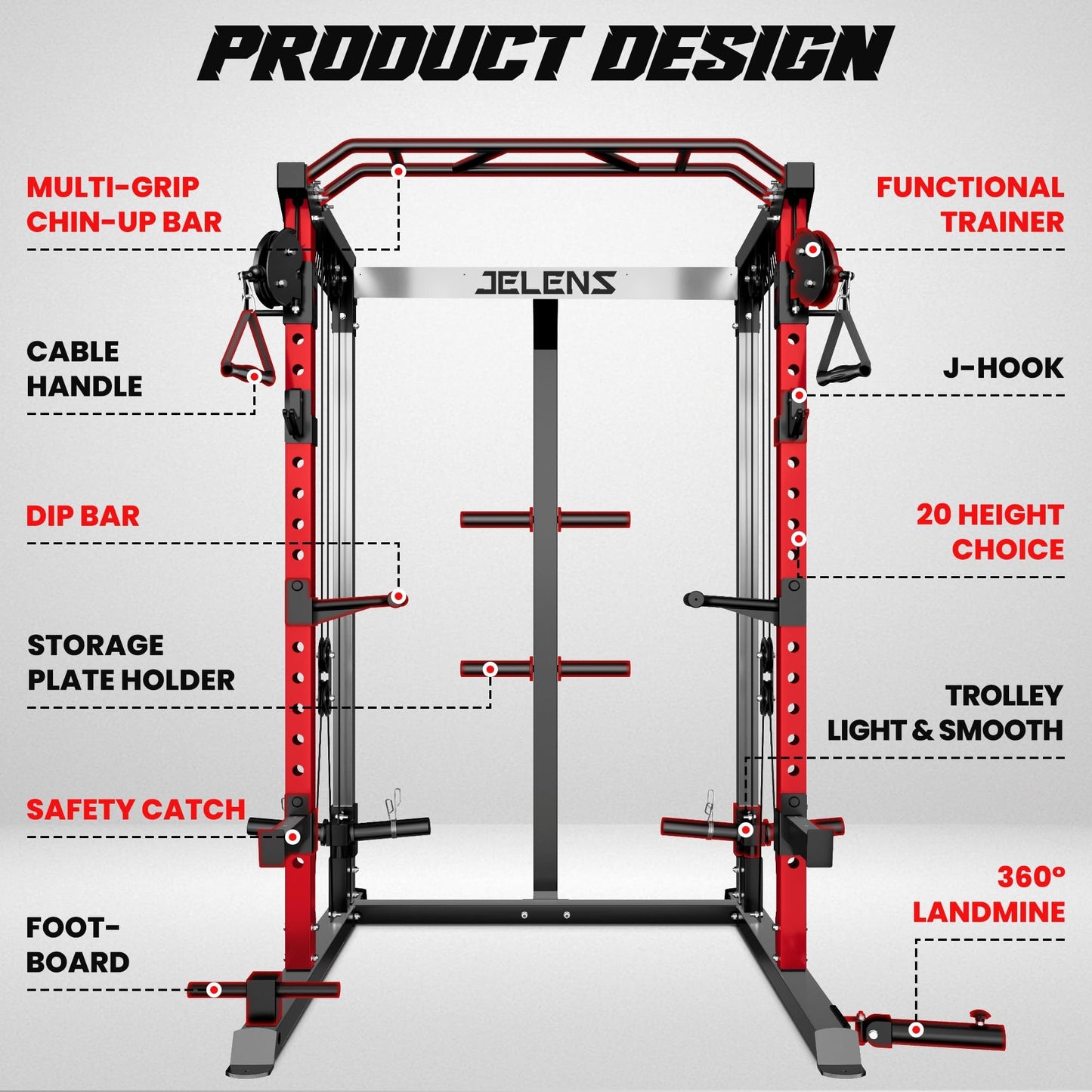 JELENS C21 Power Cage, 2000LBS Multi-Function Power Rack with Independent Dual Pulley System, All-in-One Squat Rack for Cable Crossover, Home Gym Workout Machine (Red, Home Gym Package)