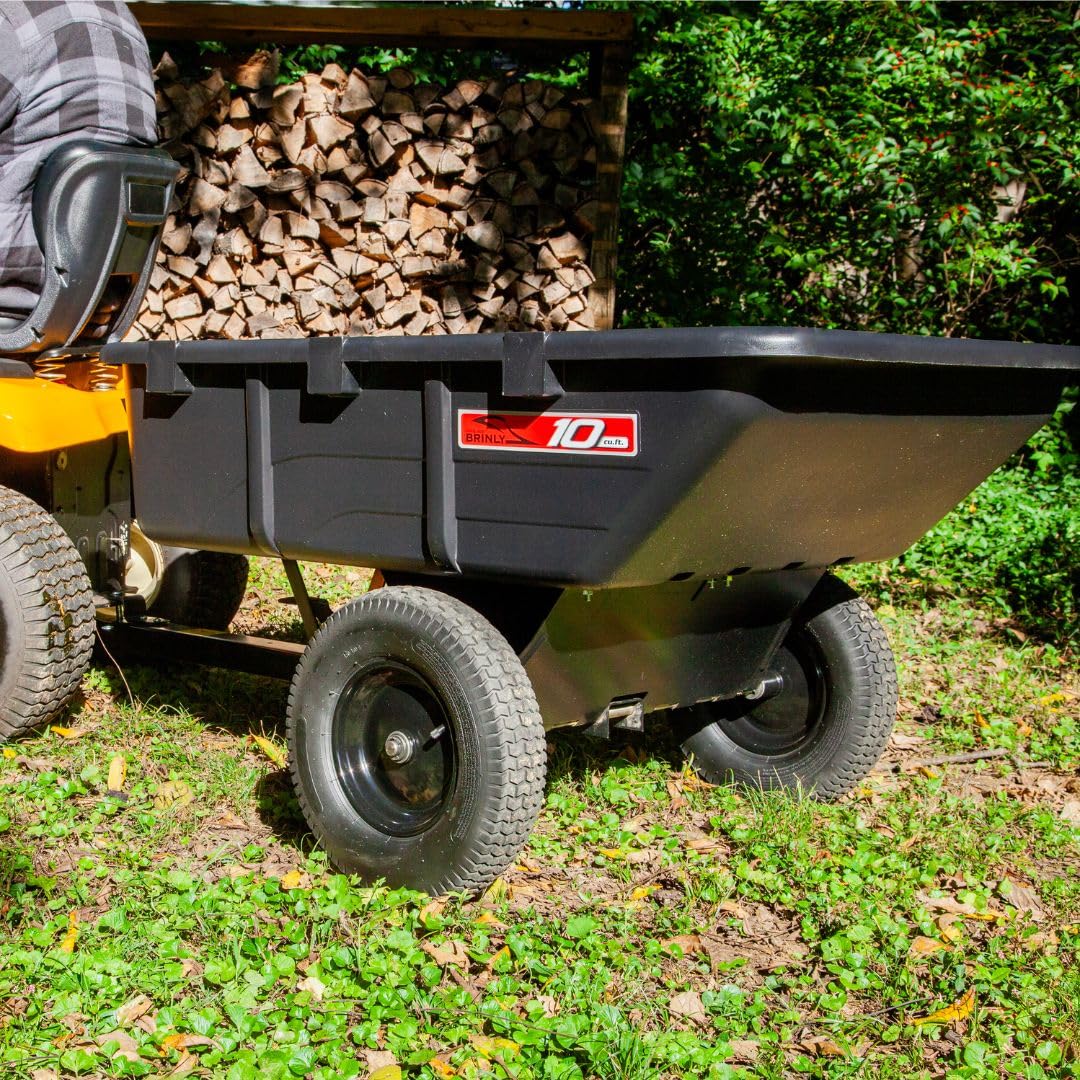 Brinly 10 cu.ft. 650lb Heavy Duty Tow-Behind Poly Utility Cart & Dump Trailer with Magnetic Hitch Pin & Compression Molded Bed