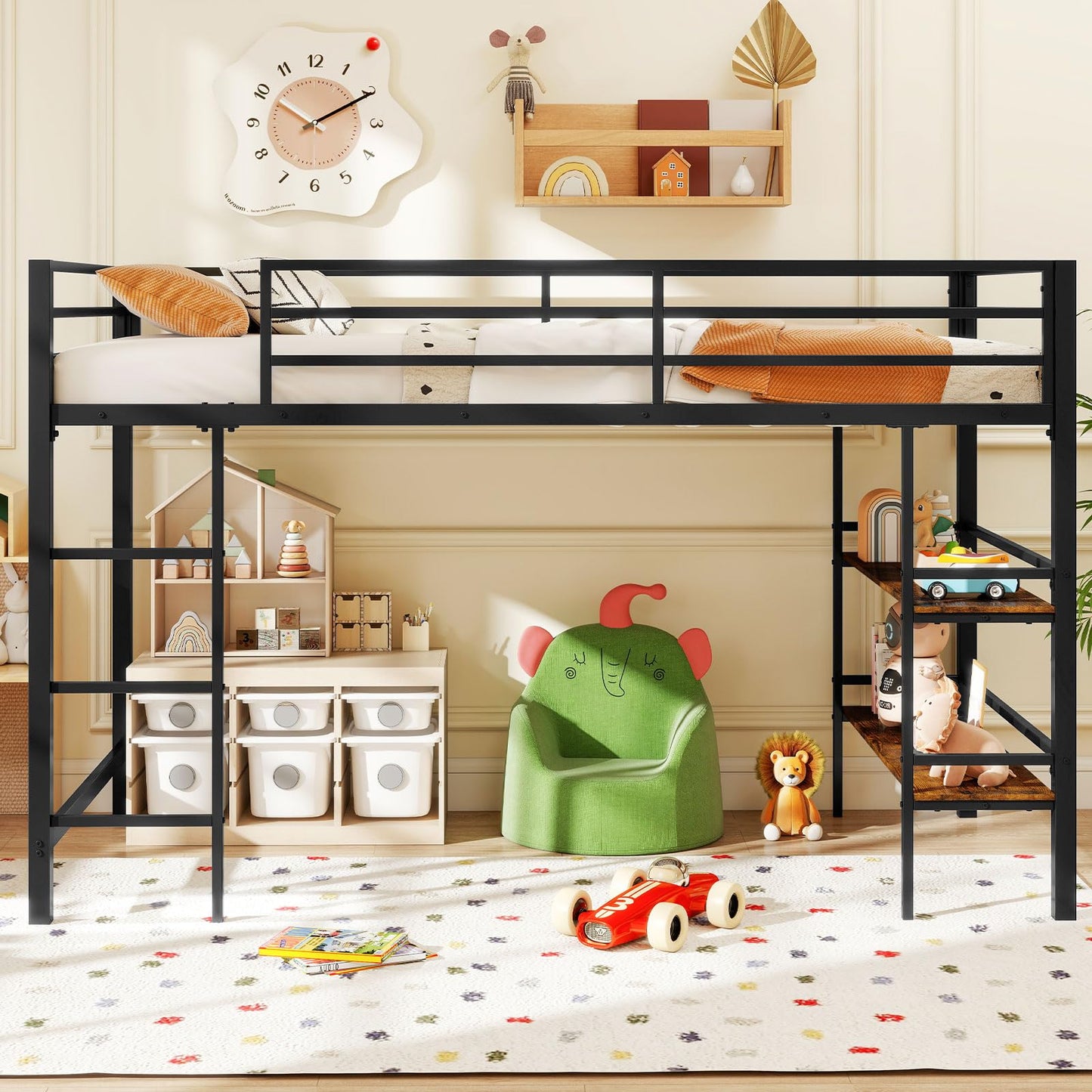 Giantex Low Loft Bed Twin Size, Heavy Duty Metal Frame w/Storage Shelves, Ladder & Full-Length Guardrails, Ample Under-Bed Space, Kids Loft Bed with Stairs for Boys Girls Junior, No Box Spring Needed