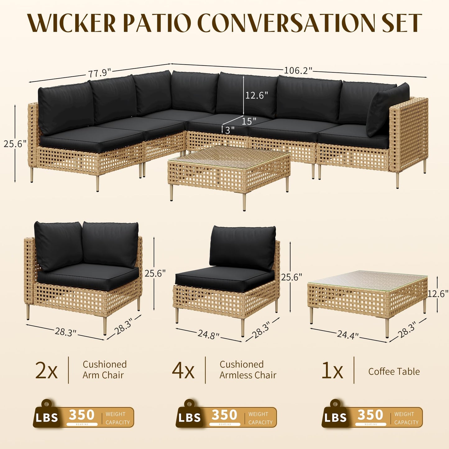 LHBcraft Patio Furniture Set, Large 7 Piece Wicker Outdoor Sectional Furniture Set with Coffee Table, Patio Conversation Sets Sofa, Hand Knitting, All-Weather Cushions for Backyard, Porch, Black