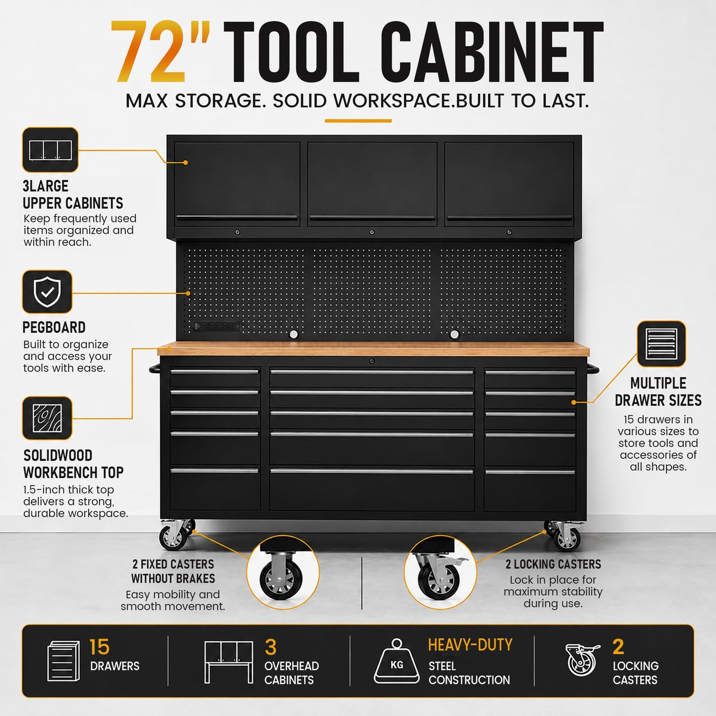 CHETTO C 72-inch Rolling Tool Chest Cabinet Mobile Workbench with 15 Storage Drawers and Wheels 3 Uper Cabinet Outlet SS Pegboard Black Tool Box for Garage